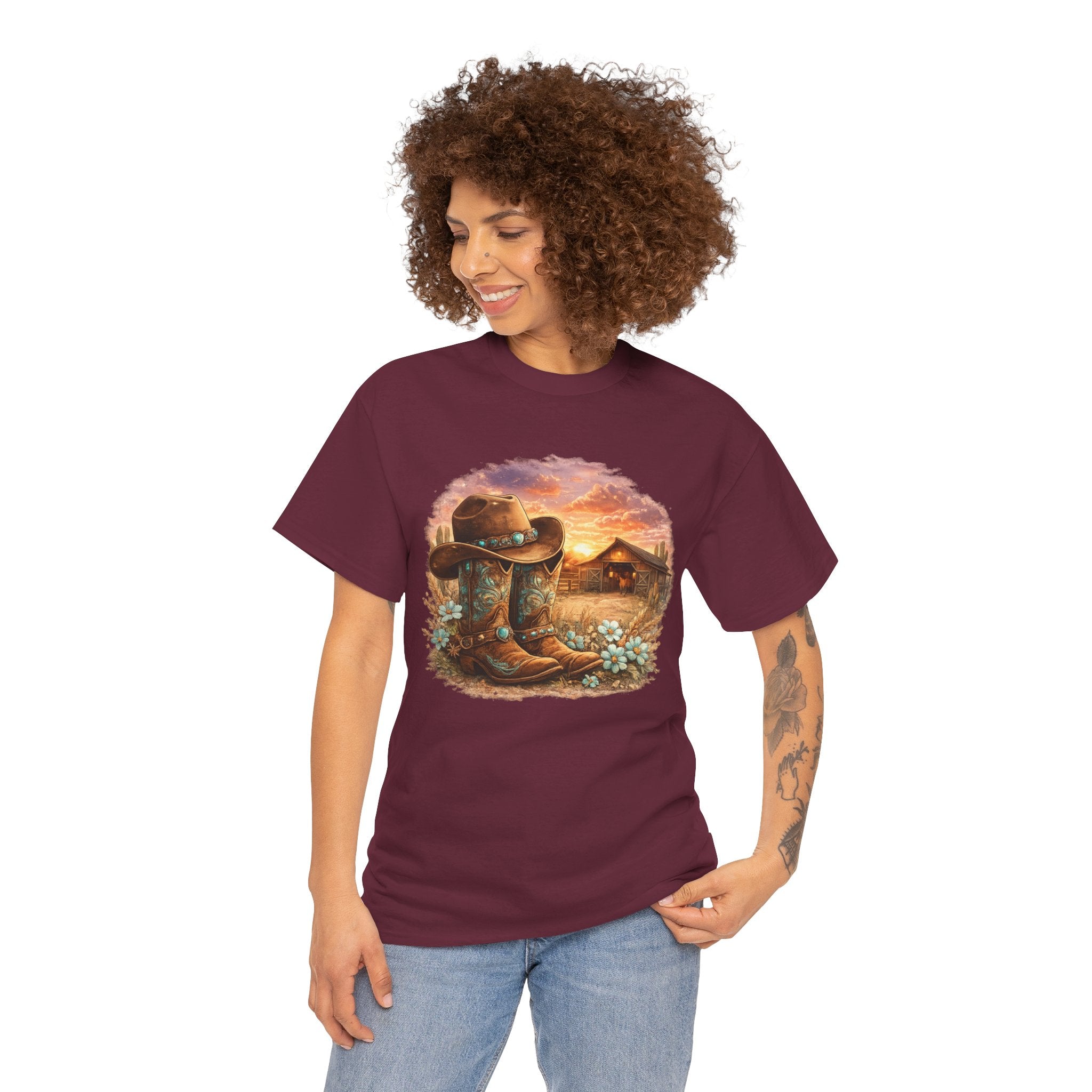 Cowboy Boots & Hat Sunset Tee — Rustic Western Country Graphic T-Shirt