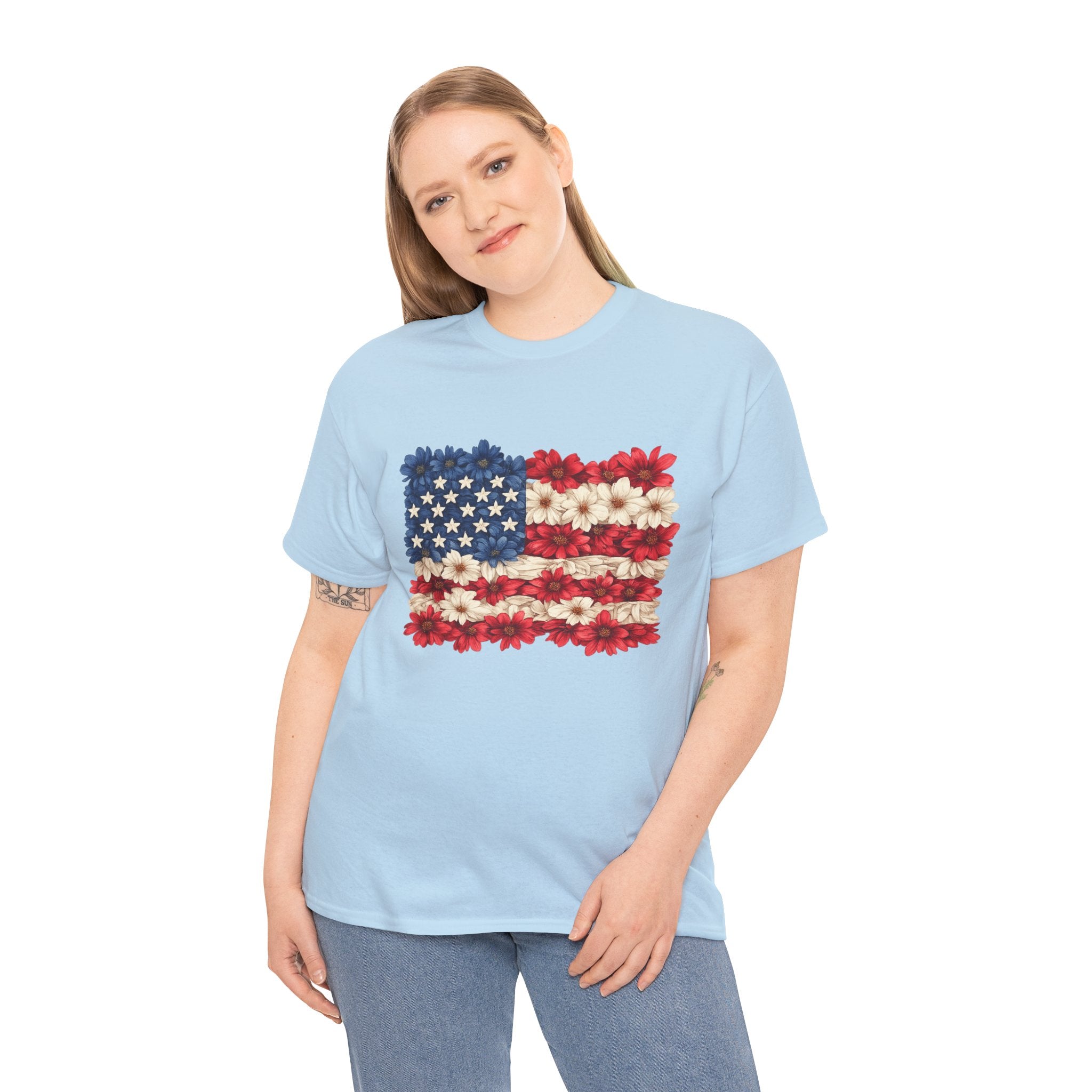 Floral American Flag Shirt PNG | Patriotic Flower Flag Design | 4th of July Sublimation PNG | USA Independence Day Graphic | Red White Blue Floral POD Design