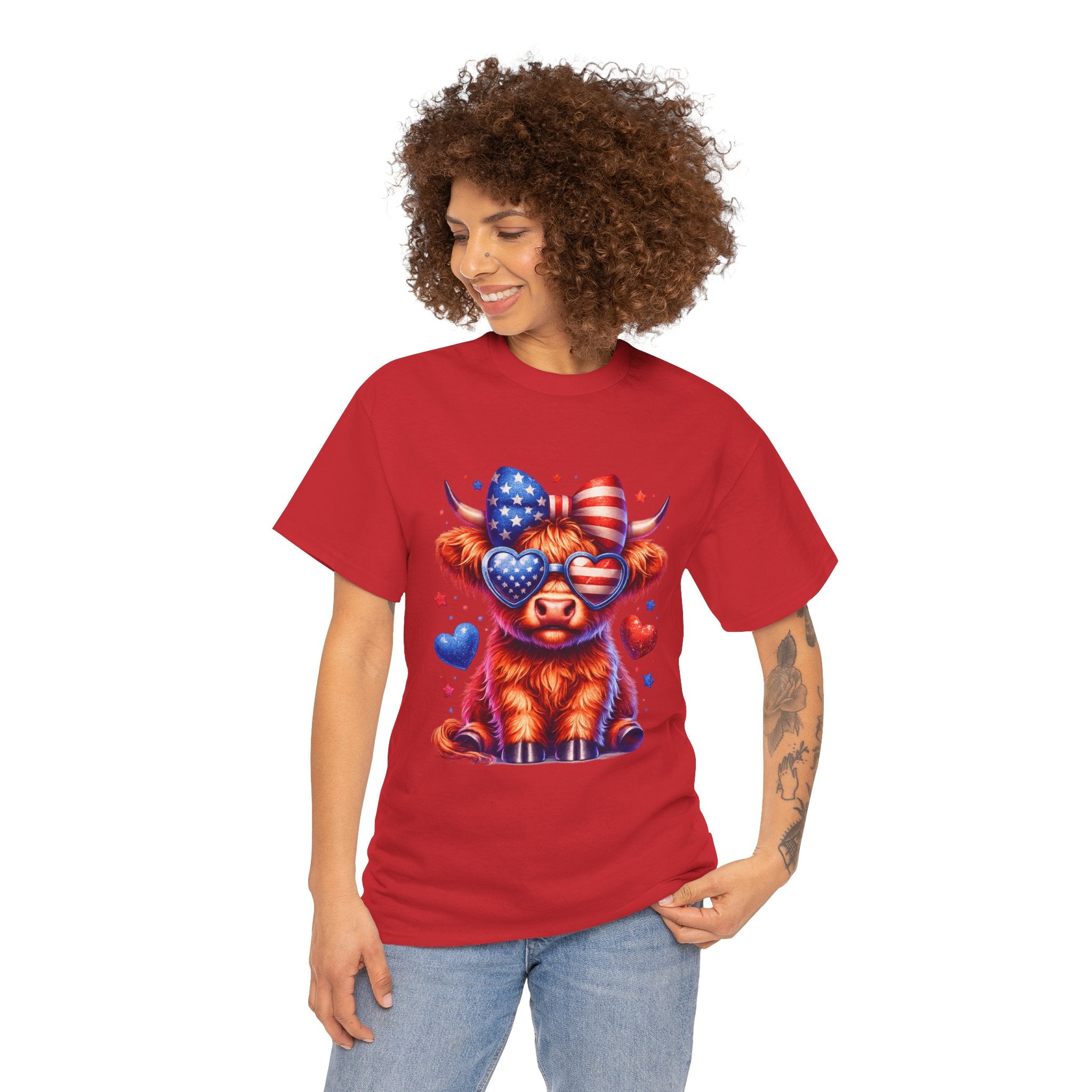 Patriotic Highland Cow Shirt | Cute American Flag Cow Graphic Tee | Fourth of July Highland Cow T-Shirt | USA Patriotic Cow Shirt | Red White Blue Country Western Tee