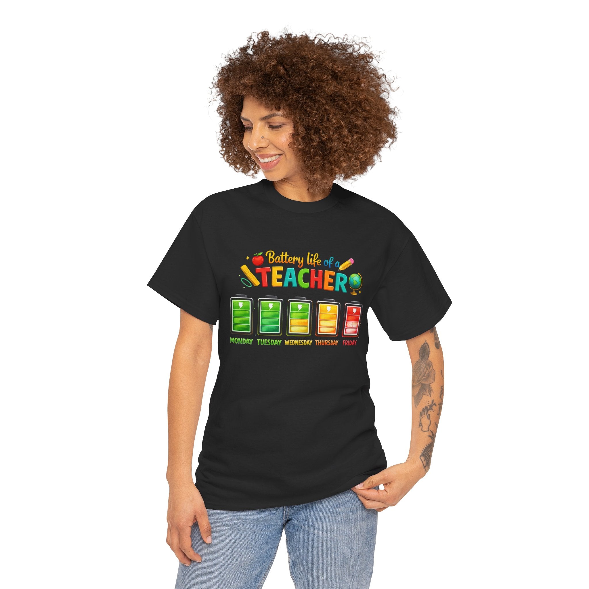 Teacher Battery Life T-Shirt – Funny Weekday Energy Levels Tee (Monday–Friday) Teacher appreciation gift - Unisex shirt