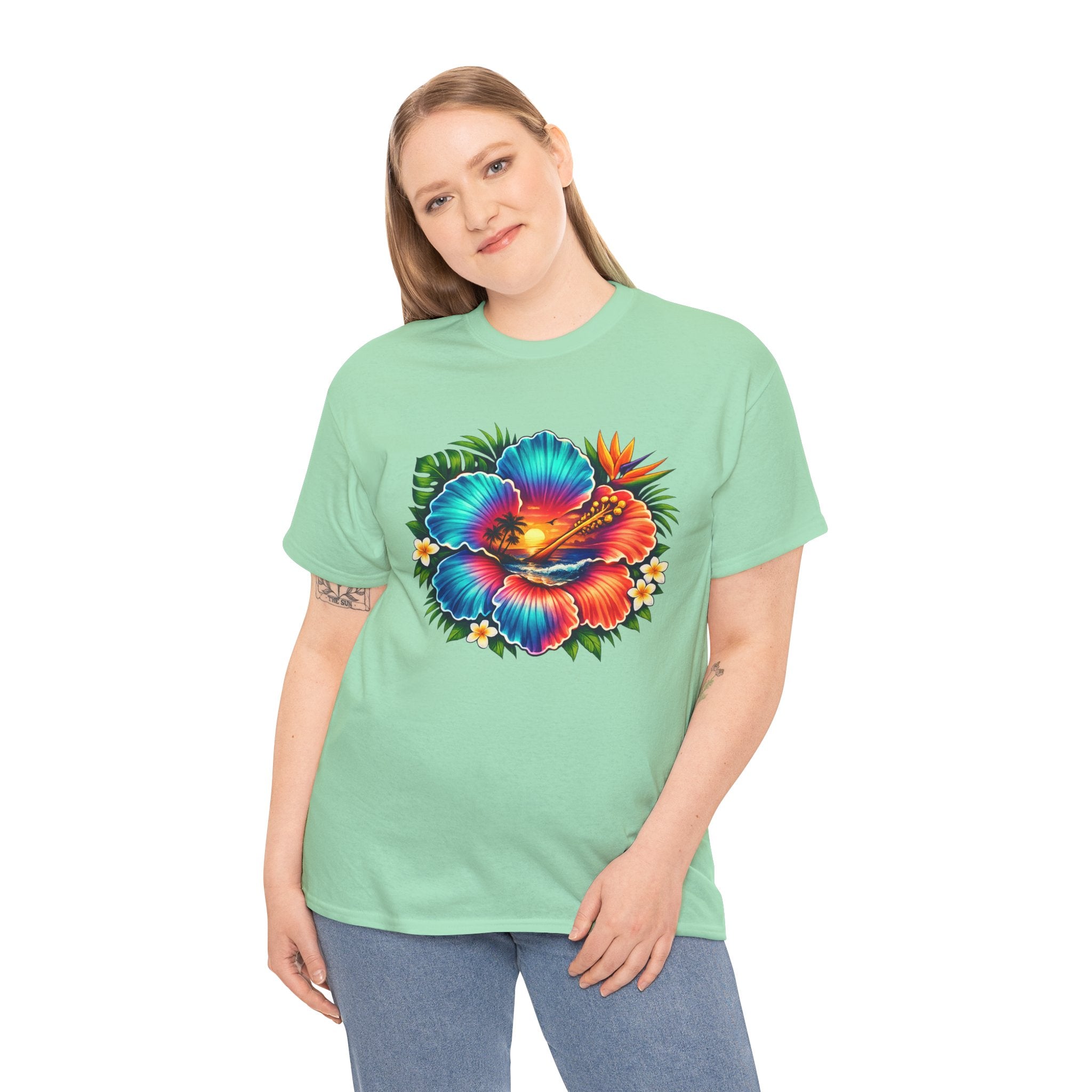 Neon Tropical Hibiscus Sunset T-Shirt – Vibrant Beach Flower Graphic Tee for Summer Vacation Lovers