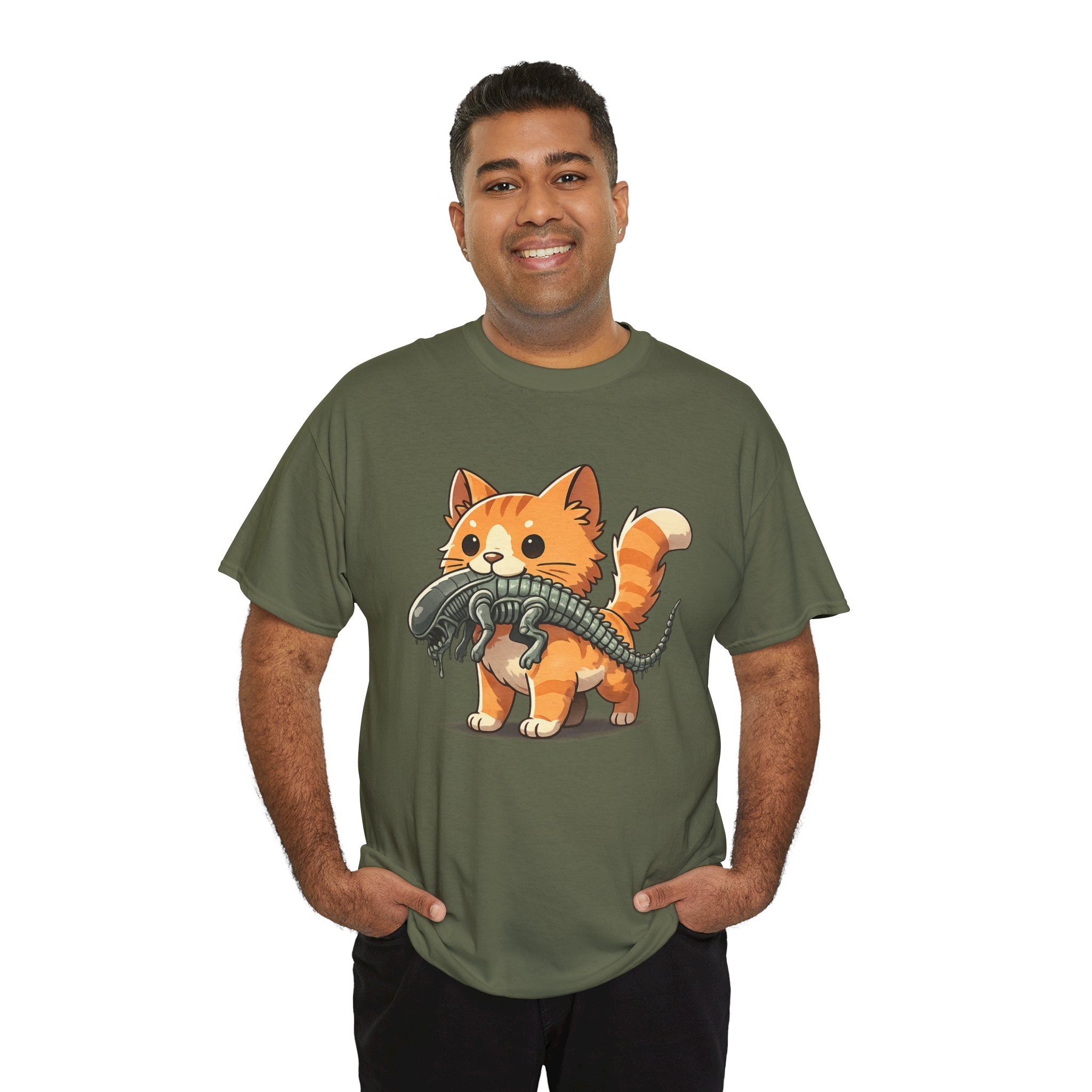 Cute Orange Cat Holding Alien Toy T-Shirt — Funny Kawaii Kitten Graphic Tee