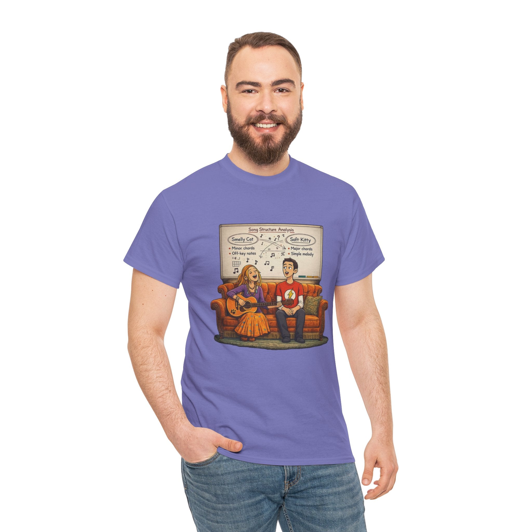 Friends Big Bang Theory Crossover Shirt | Smelly Cat Soft Kitty Mashup Tee | Geeky Sitcom Parody Shirt | Nerd Music Humor T-Shirt