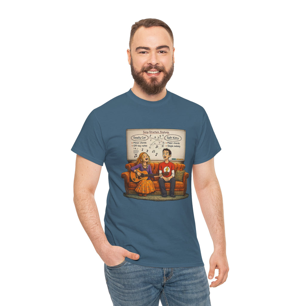 Friends Big Bang Theory Crossover Shirt | Smelly Cat Soft Kitty Mashup Tee | Geeky Sitcom Parody Shirt | Nerd Music Humor T-Shirt
