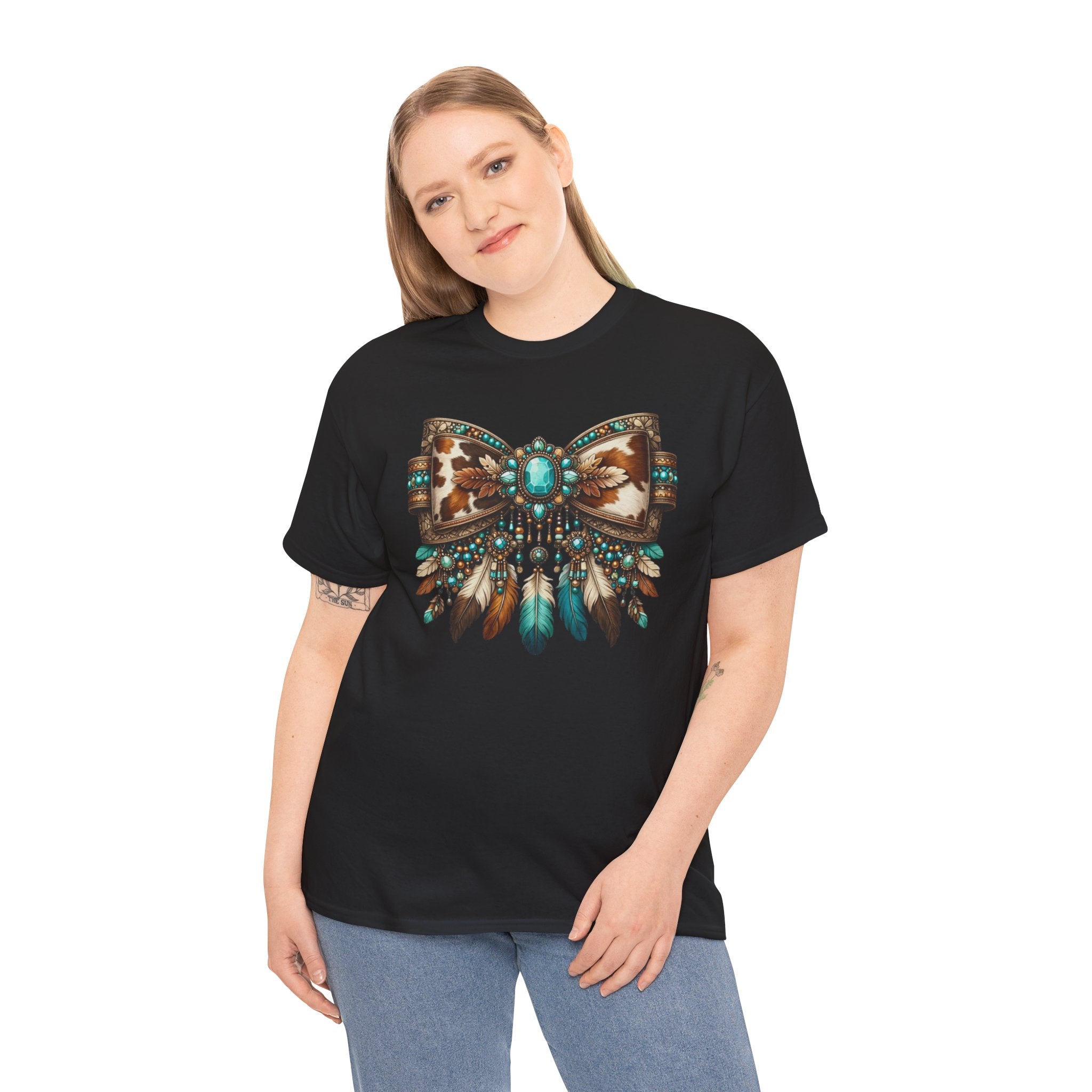 Western Cowhide Bow Shirt – Turquoise Feather Boho Western Graphic Tee – Boutique Western Style T-Shirt – Unisex Fit