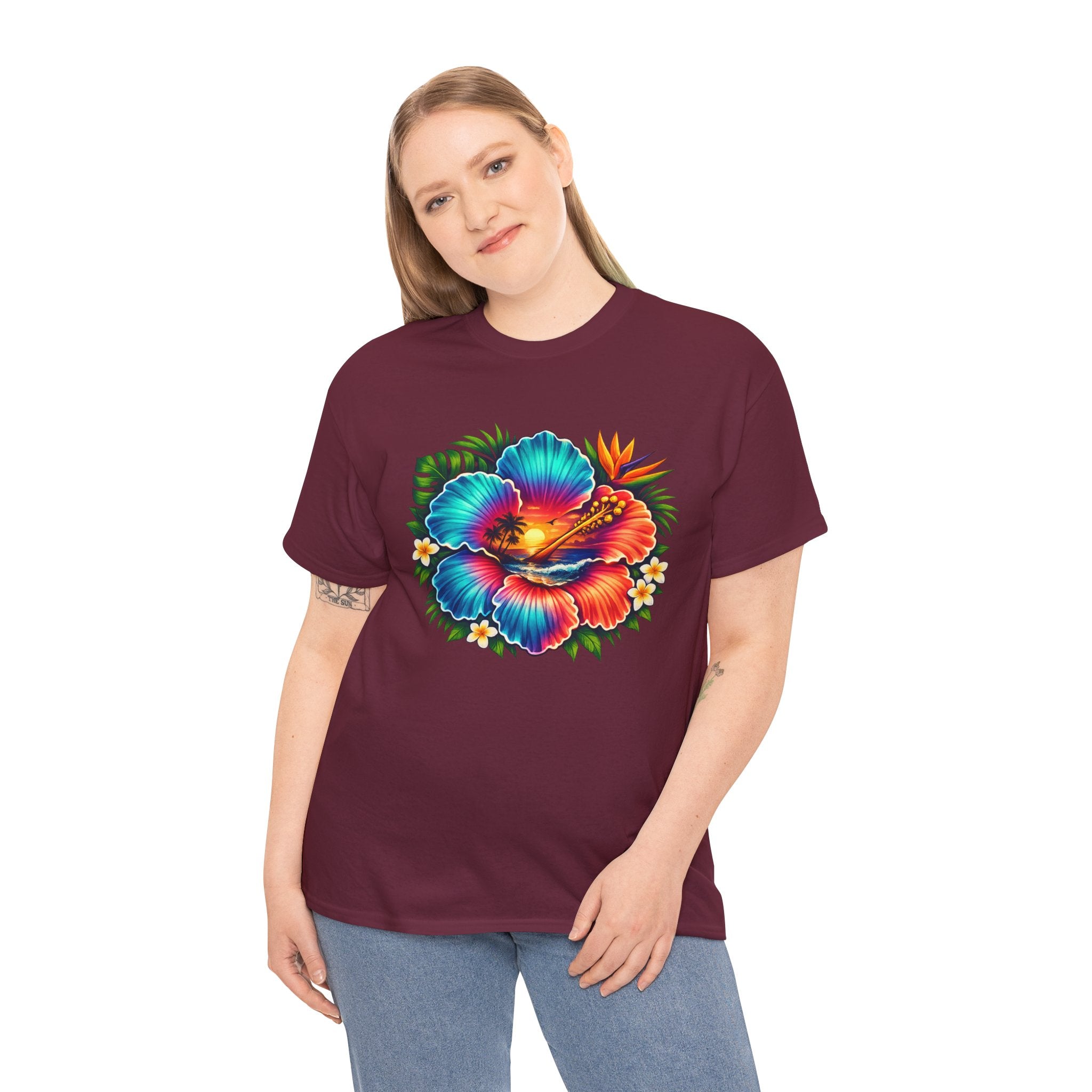 Neon Tropical Hibiscus Sunset T-Shirt – Vibrant Beach Flower Graphic Tee for Summer Vacation Lovers