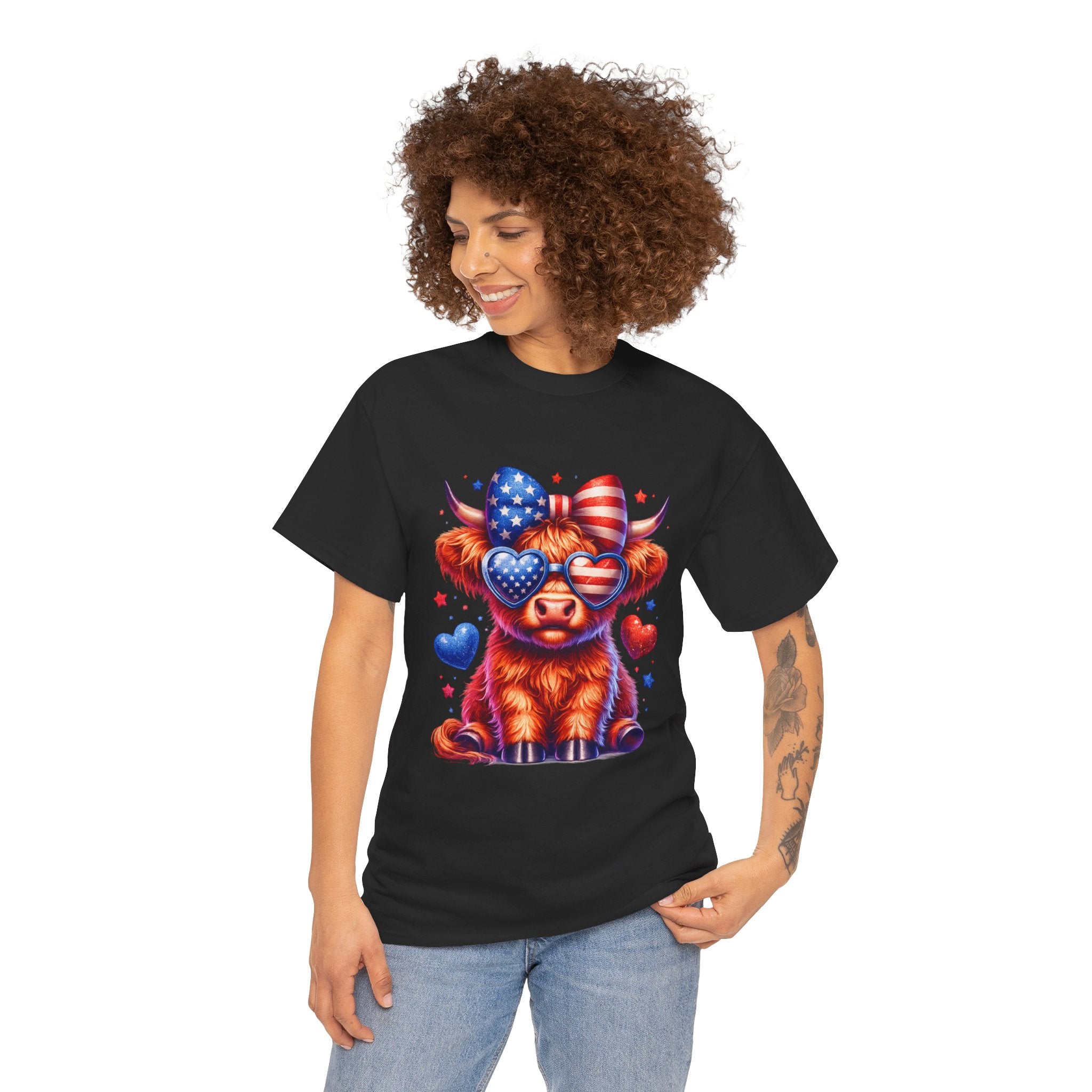 Patriotic Highland Cow Shirt | Cute American Flag Cow Graphic Tee | Fourth of July Highland Cow T-Shirt | USA Patriotic Cow Shirt | Red White Blue Country Western Tee