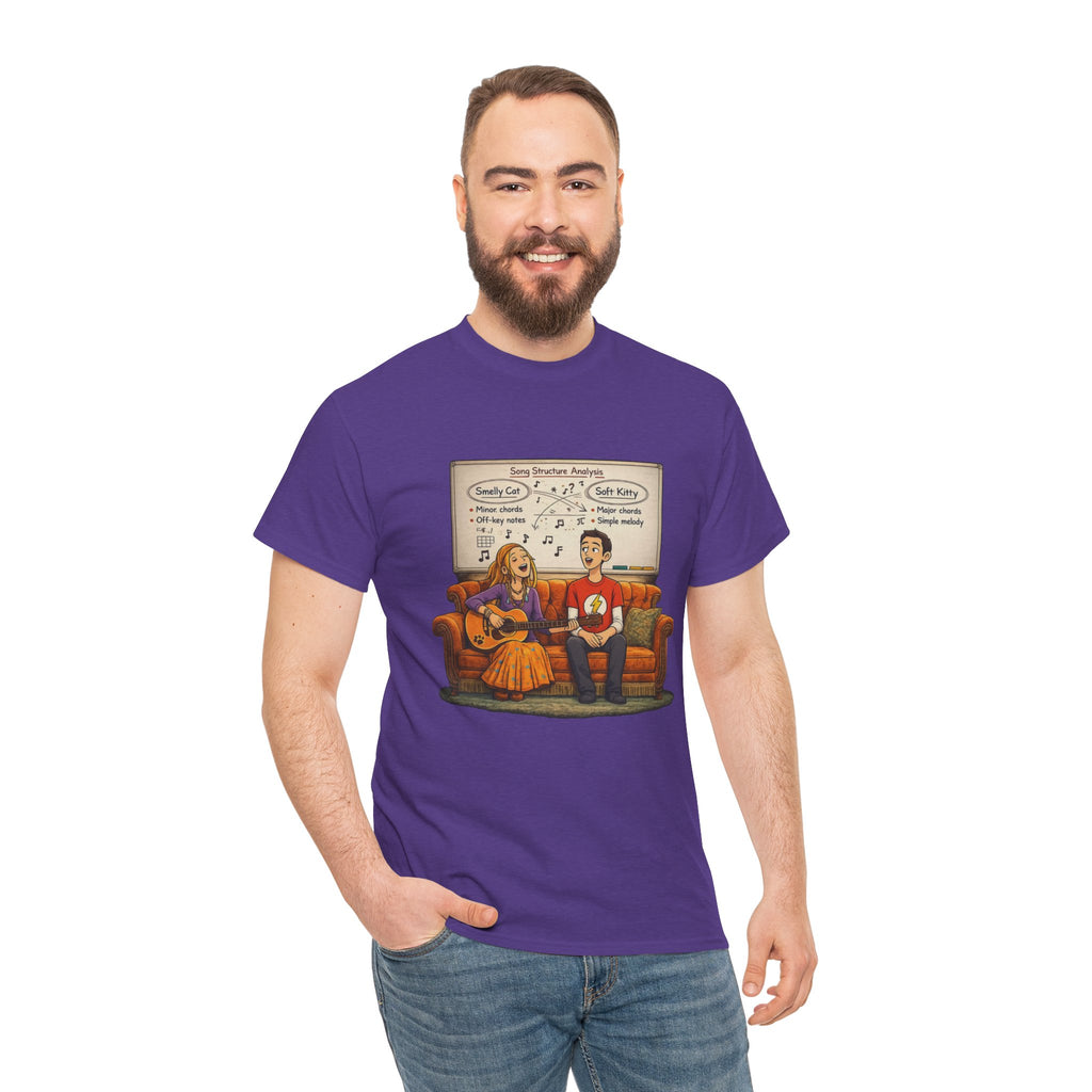 Friends Big Bang Theory Crossover Shirt | Smelly Cat Soft Kitty Mashup Tee | Geeky Sitcom Parody Shirt | Nerd Music Humor T-Shirt