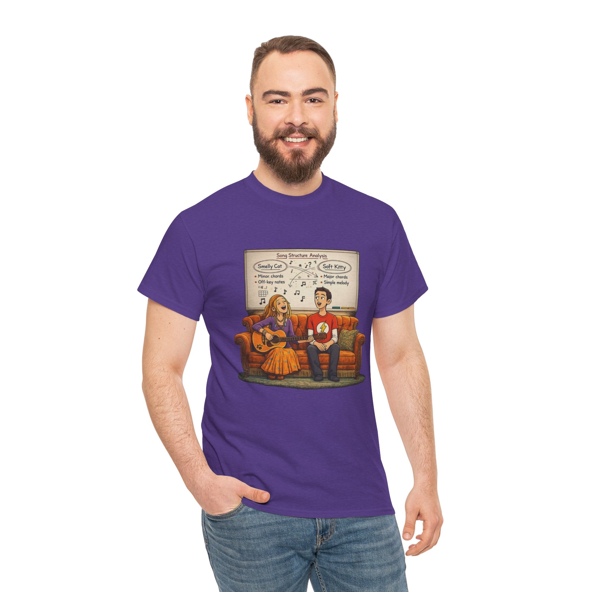 Friends Big Bang Theory Crossover Shirt | Smelly Cat Soft Kitty Mashup Tee | Geeky Sitcom Parody Shirt | Nerd Music Humor T-Shirt