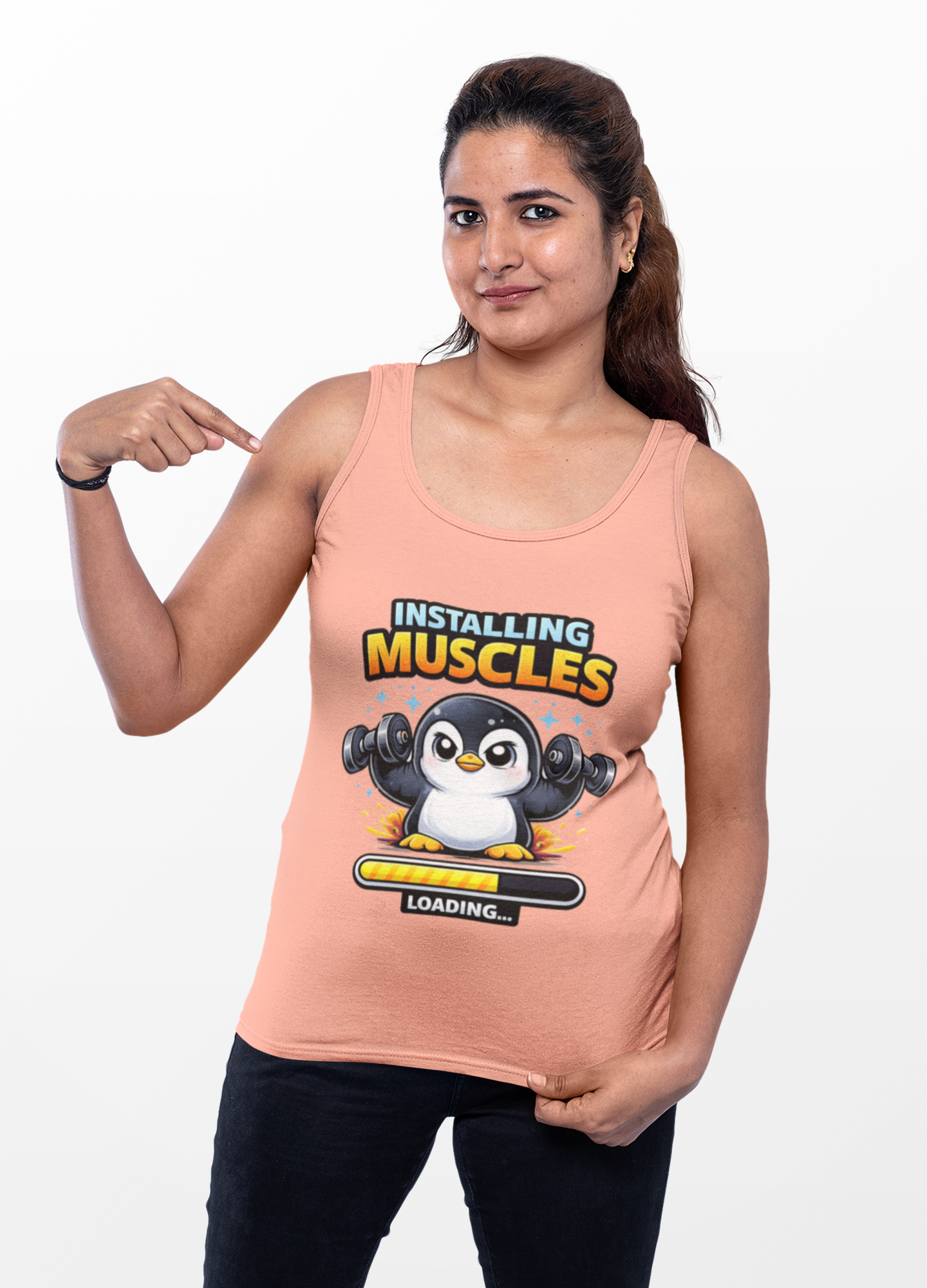 Installing Muscles Workout Penguin Tank – Funny Gym Razorback Shirt for Women