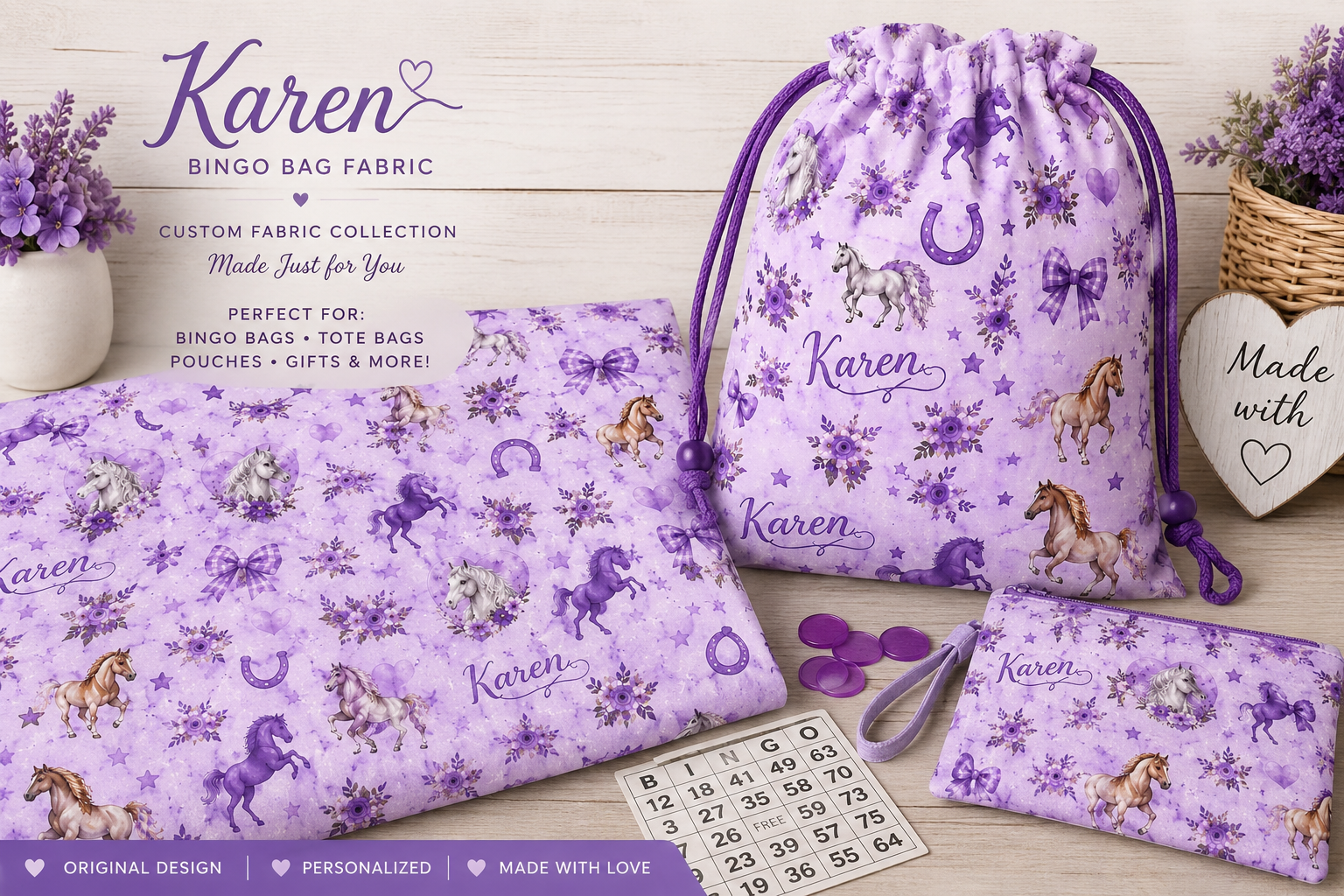 Purple Horse Print Fabric by the Yard — Personalized 'Karen' Combed Cotton Prima
