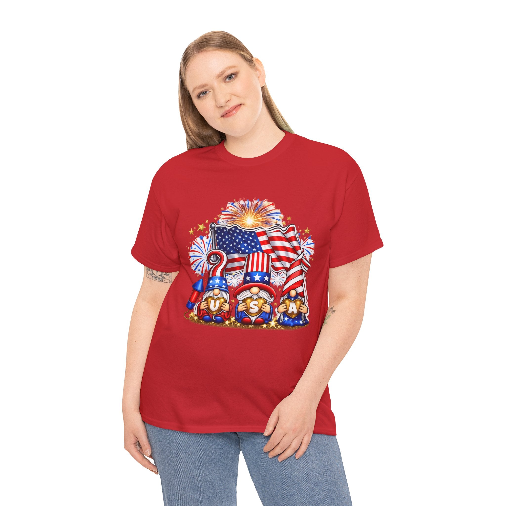 Patriotic USA Gnome Shirt PNG | Fourth of July Gnome Design | Red White Blue American Flag Fireworks Graphic | Independence Day Sublimation PNG | USA Heart Gnome POD Design