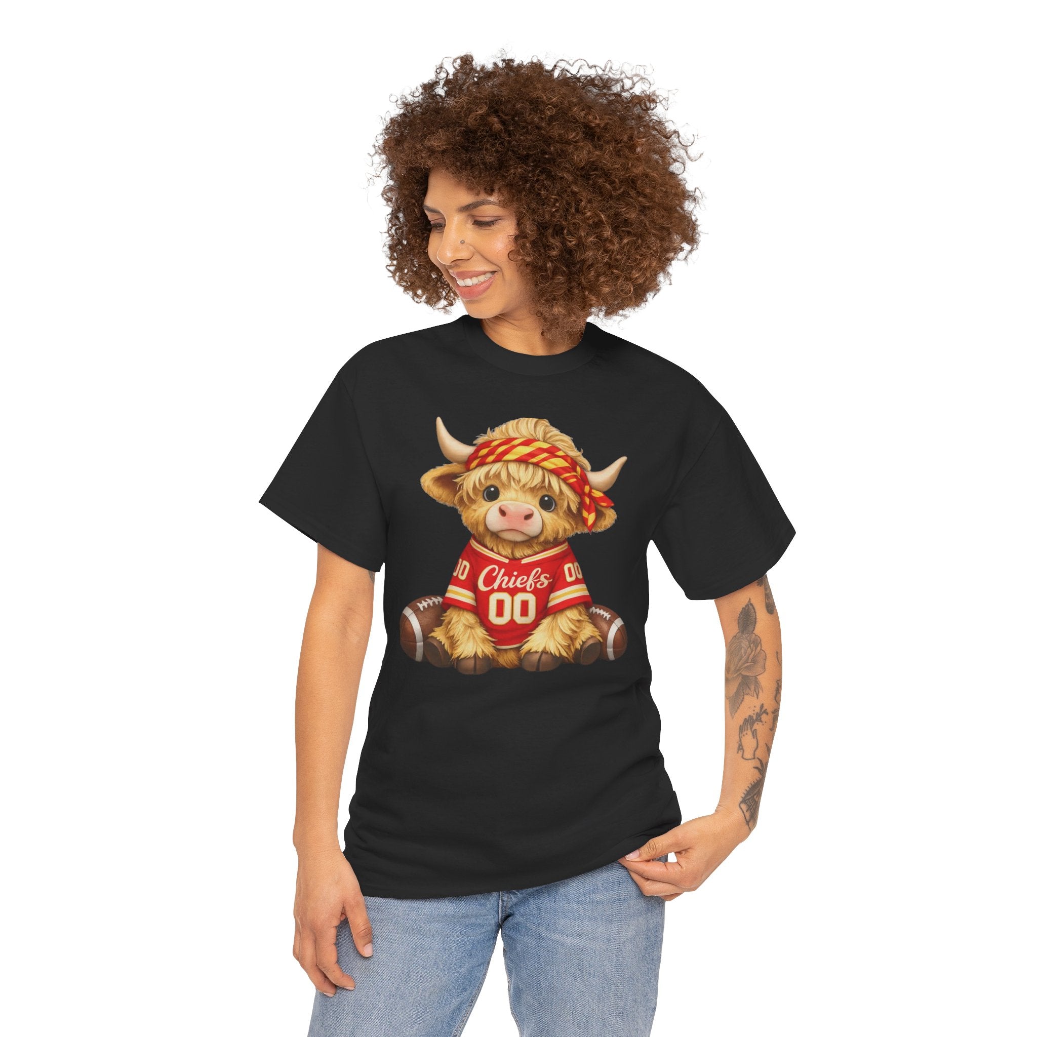 Cute Highland Cow Football Shirt – KC Game Day Cow Graphic Tee – Western Sports Fan T-Shirt