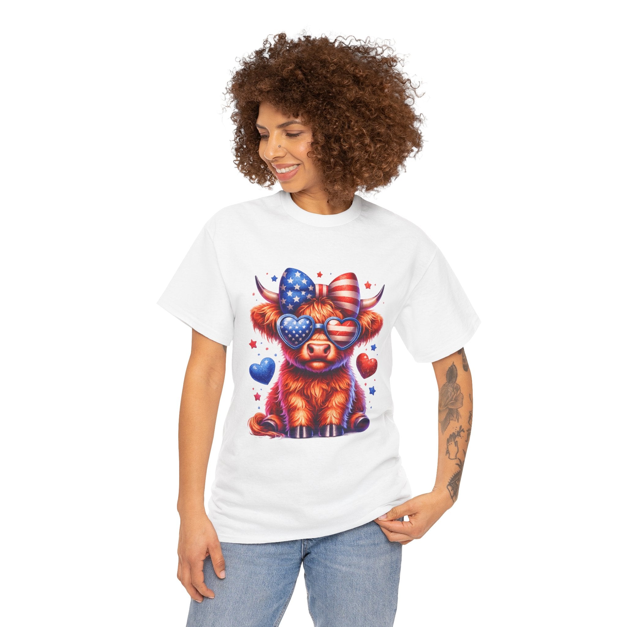 Patriotic Highland Cow Shirt | Cute American Flag Cow Graphic Tee | Fourth of July Highland Cow T-Shirt | USA Patriotic Cow Shirt | Red White Blue Country Western Tee