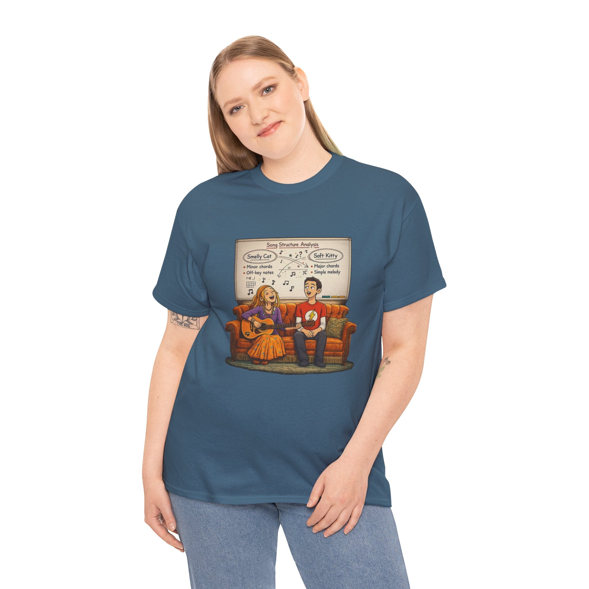 Friends Big Bang Theory Crossover Shirt | Smelly Cat Soft Kitty Mashup Tee | Geeky Sitcom Parody Shirt | Nerd Music Humor T-Shirt