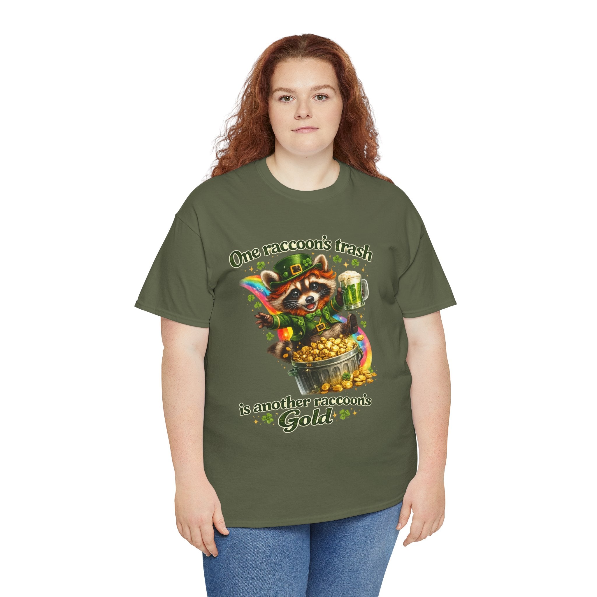 Raccoon Leprechaun Rainbow Treasure T-Shirt — "One Raccoon's Trash Is Another Raccoon's Gold" Cute St. Patrick's Design