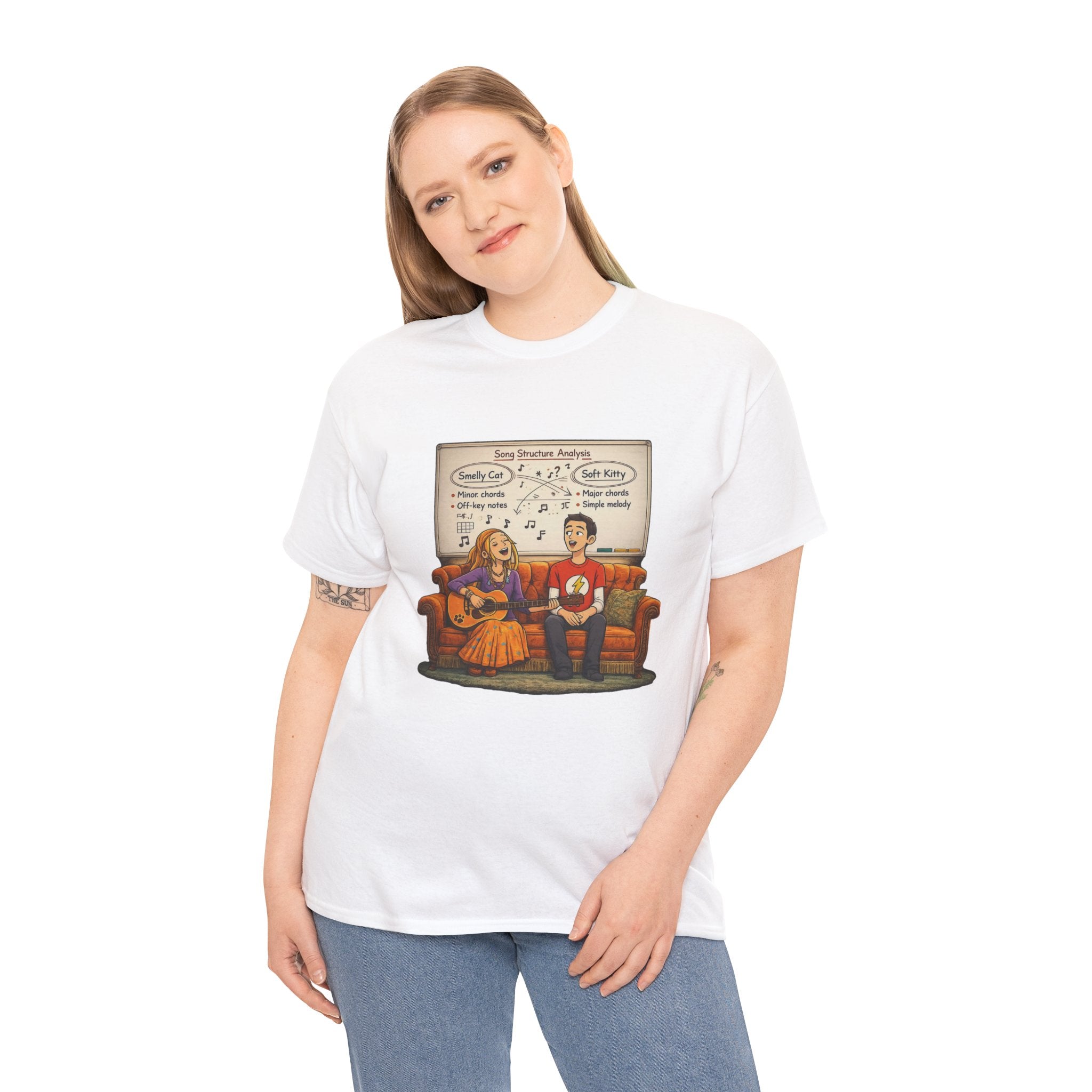 Friends Big Bang Theory Crossover Shirt | Smelly Cat Soft Kitty Mashup Tee | Geeky Sitcom Parody Shirt | Nerd Music Humor T-Shirt