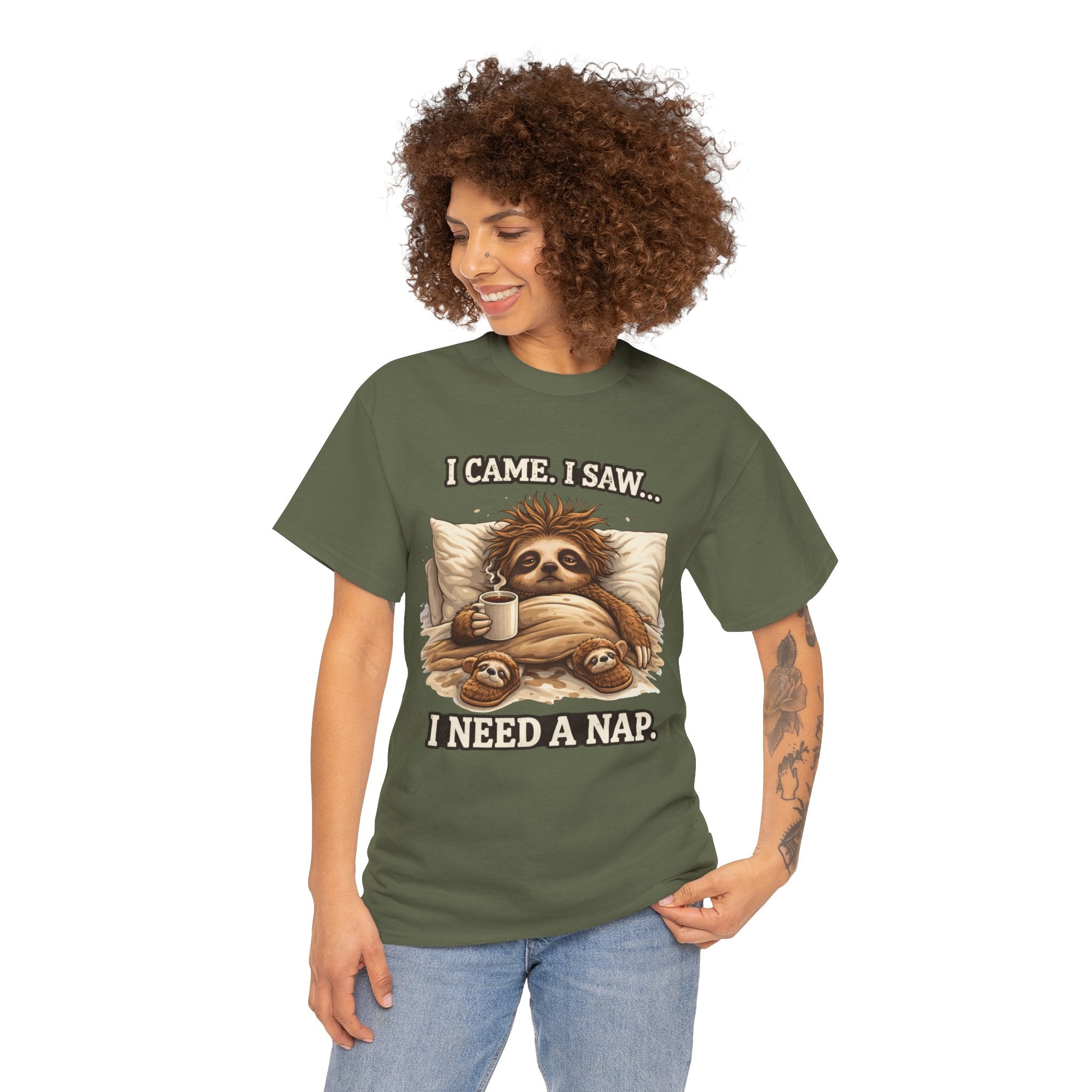 I Came I Saw I Need a Nap Sloth Shirt – Funny Sleepy Sloth Graphic Tee – Coffee Lover Humor T-Shirt – Unisex Relaxed Fit