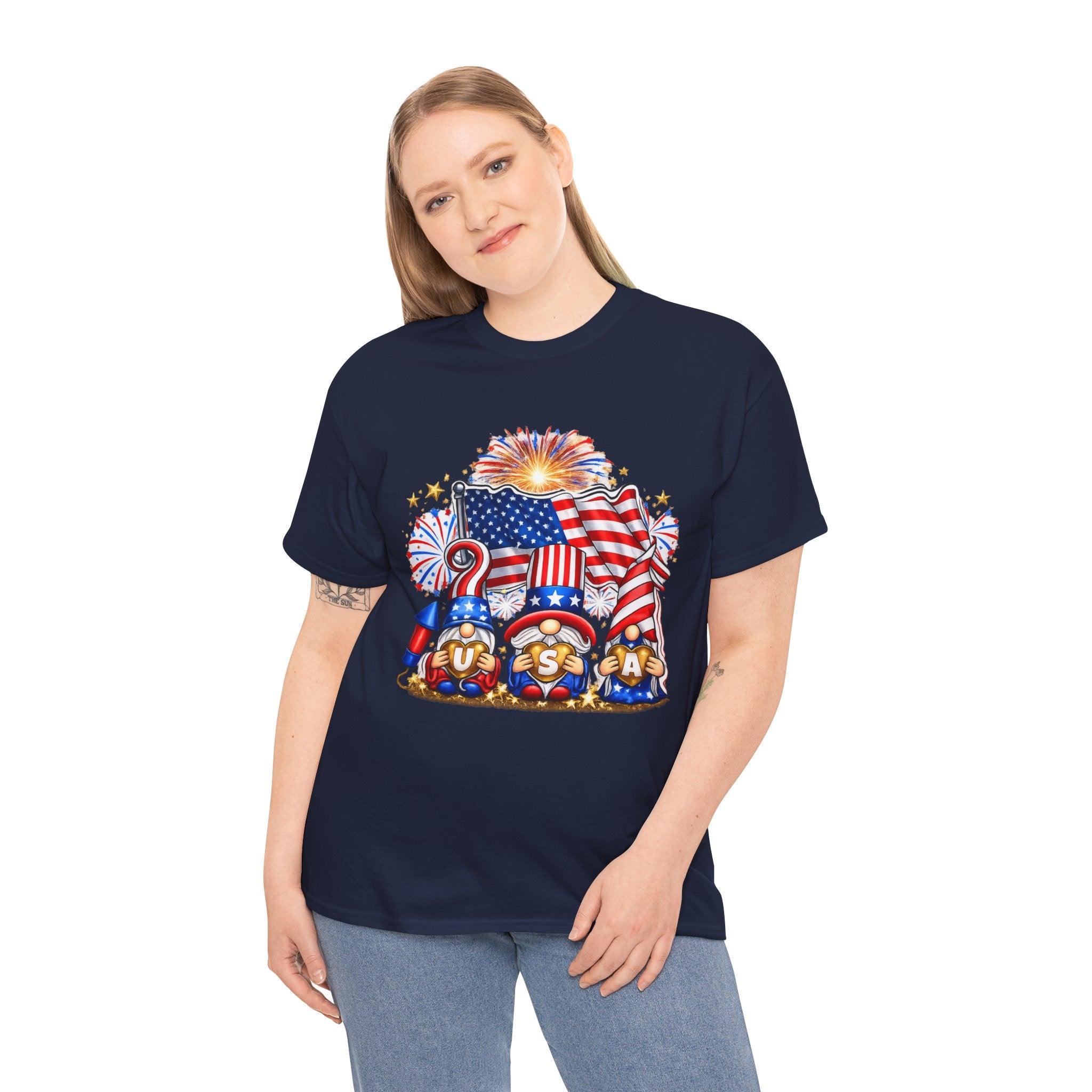 Patriotic USA Gnome Shirt PNG | Fourth of July Gnome Design | Red White Blue American Flag Fireworks Graphic | Independence Day Sublimation PNG | USA Heart Gnome POD Design