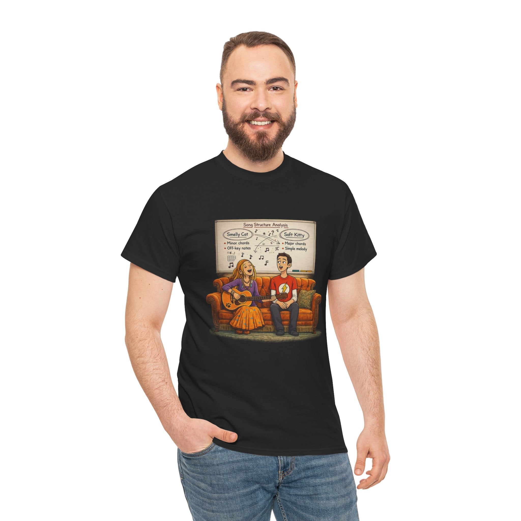 Friends Big Bang Theory Crossover Shirt | Smelly Cat Soft Kitty Mashup Tee | Geeky Sitcom Parody Shirt | Nerd Music Humor T-Shirt