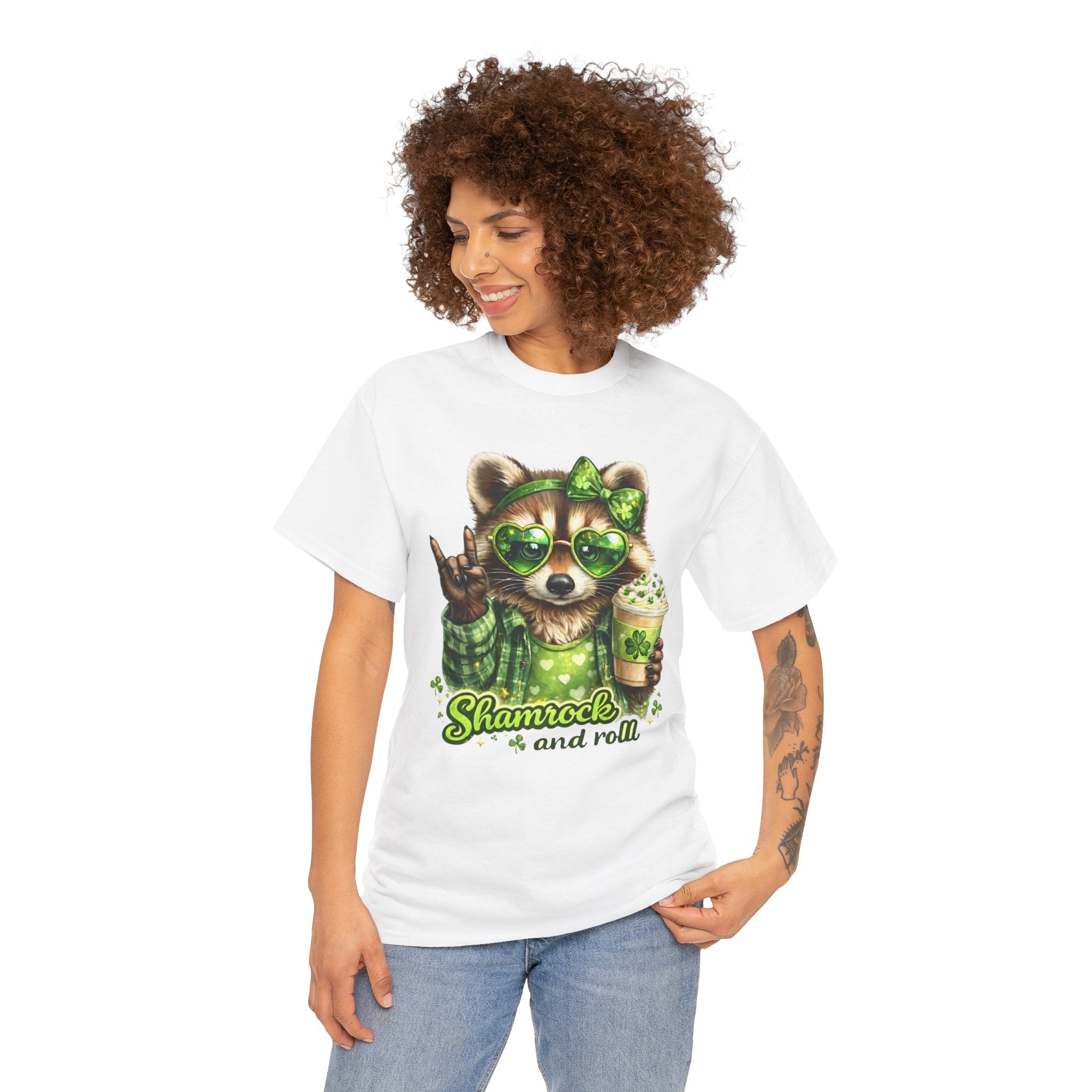 Shamrock and Roll Raccoon Shirt – Funny St. Patrick’s Day Graphic Tee, Cute Irish Party T-Shirt, Green Holiday Outfit
