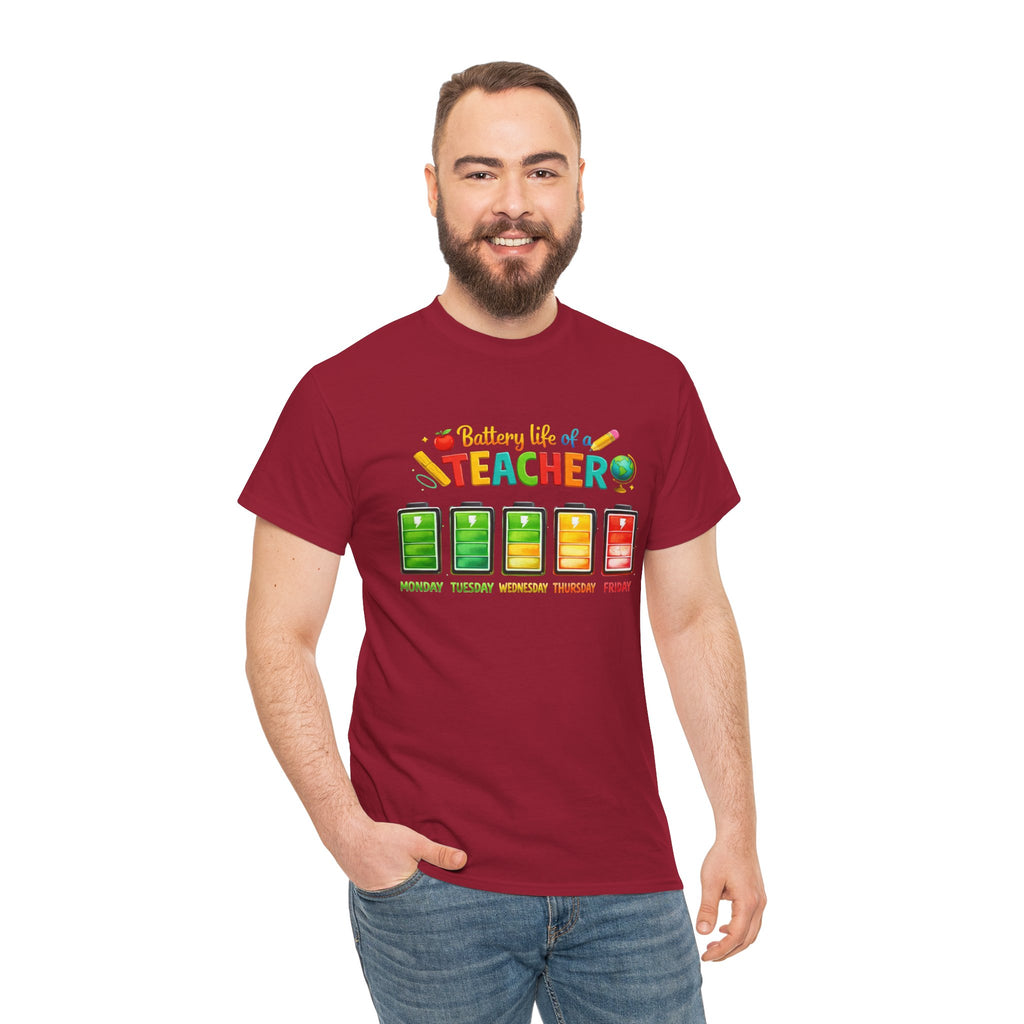 Teacher Battery Life T-Shirt – Funny Weekday Energy Levels Tee (Monday–Friday) Teacher appreciation gift - Unisex shirt