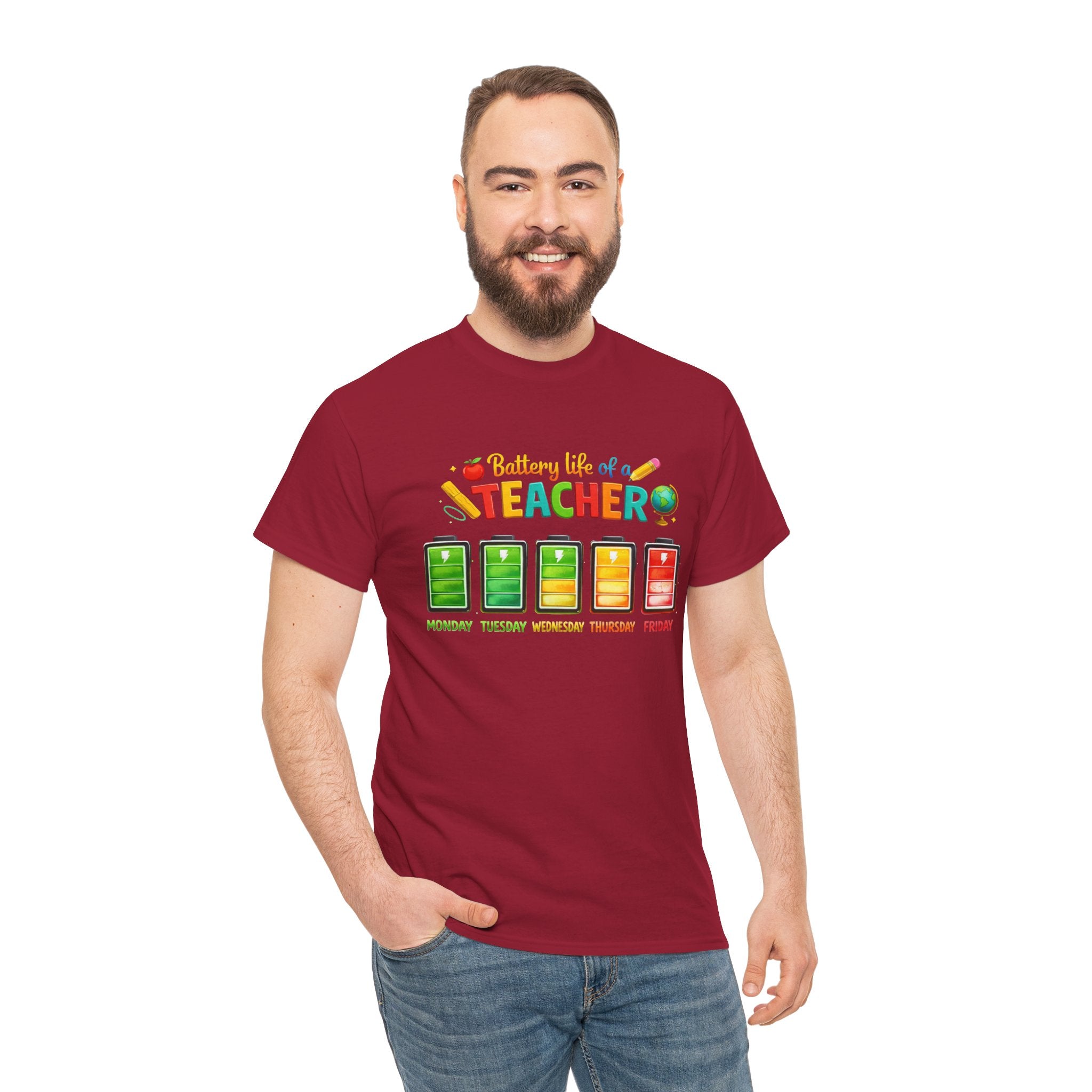 Teacher Battery Life T-Shirt – Funny Weekday Energy Levels Tee (Monday–Friday) Teacher appreciation gift - Unisex shirt