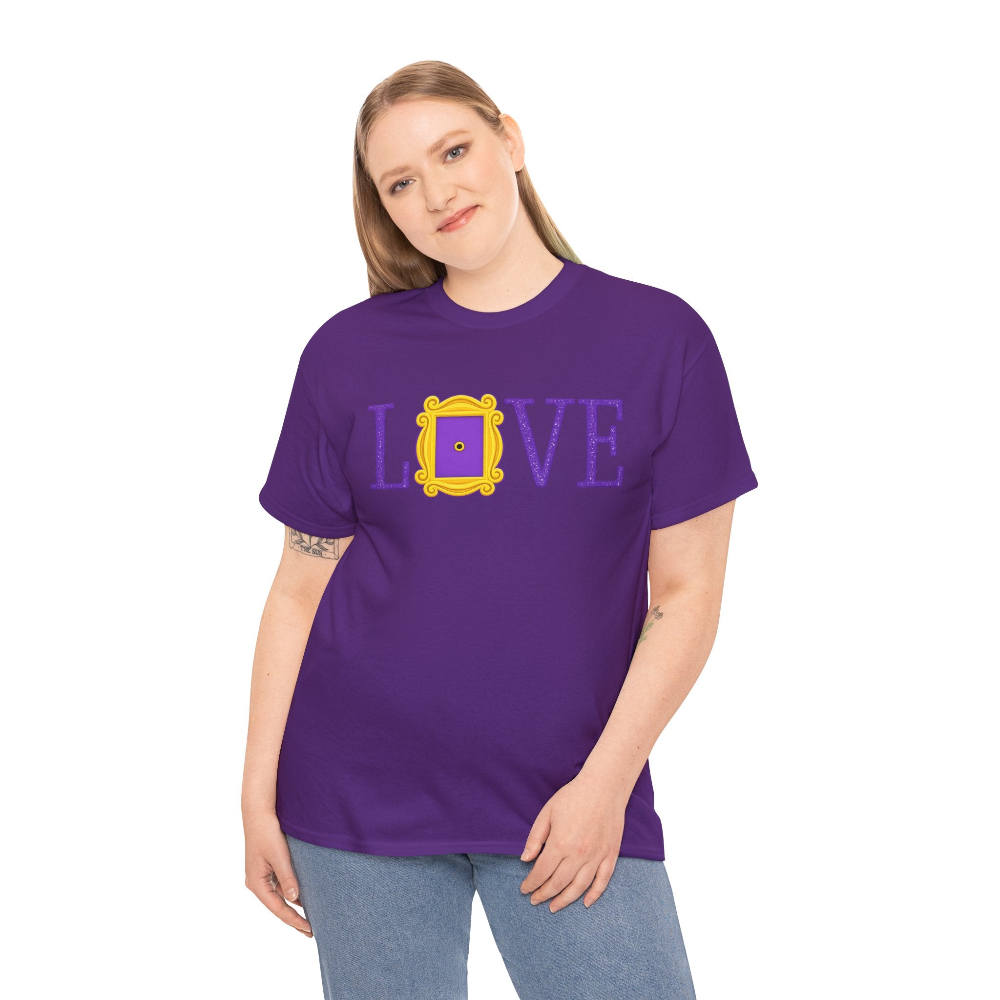 “Friends-Inspired ‘LOVE’ Frame Design Shirt – Purple & Yellow Nostalgic TV Aesthetic Tee, Cozy Pop Culture Graphic”