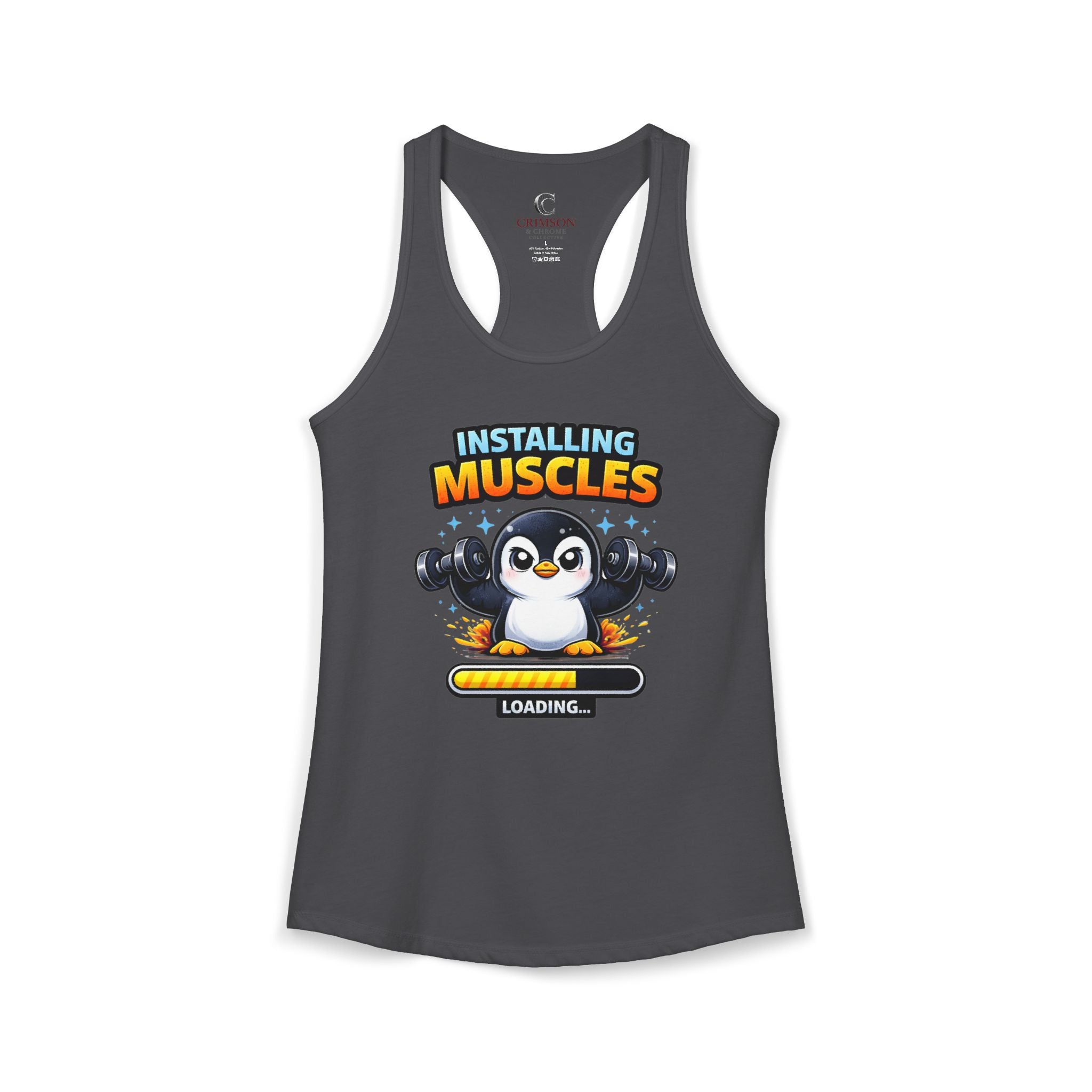 Installing Muscles Workout Penguin Tank – Funny Gym Razorback Shirt for Women