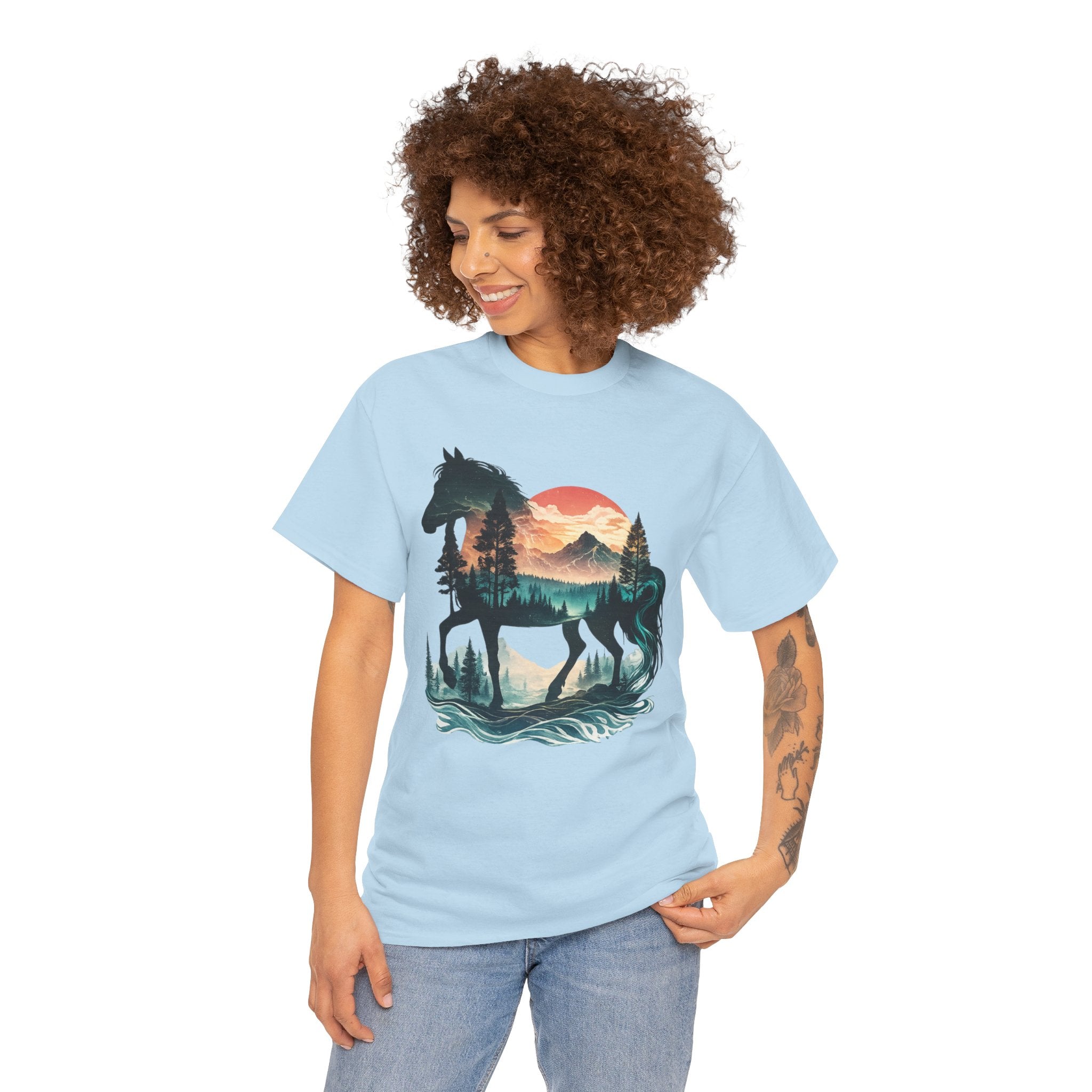 Western Horse Silhouette T-Shirt – Nature Landscape Double Exposure Cowgirl & Cowboy Graphic Tee