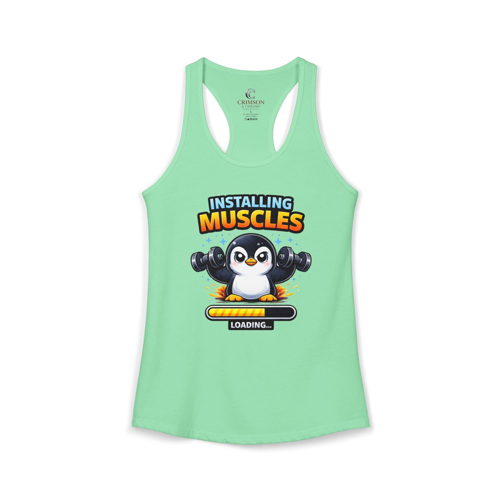 Installing Muscles Workout Penguin Tank – Funny Gym Razorback Shirt for Women