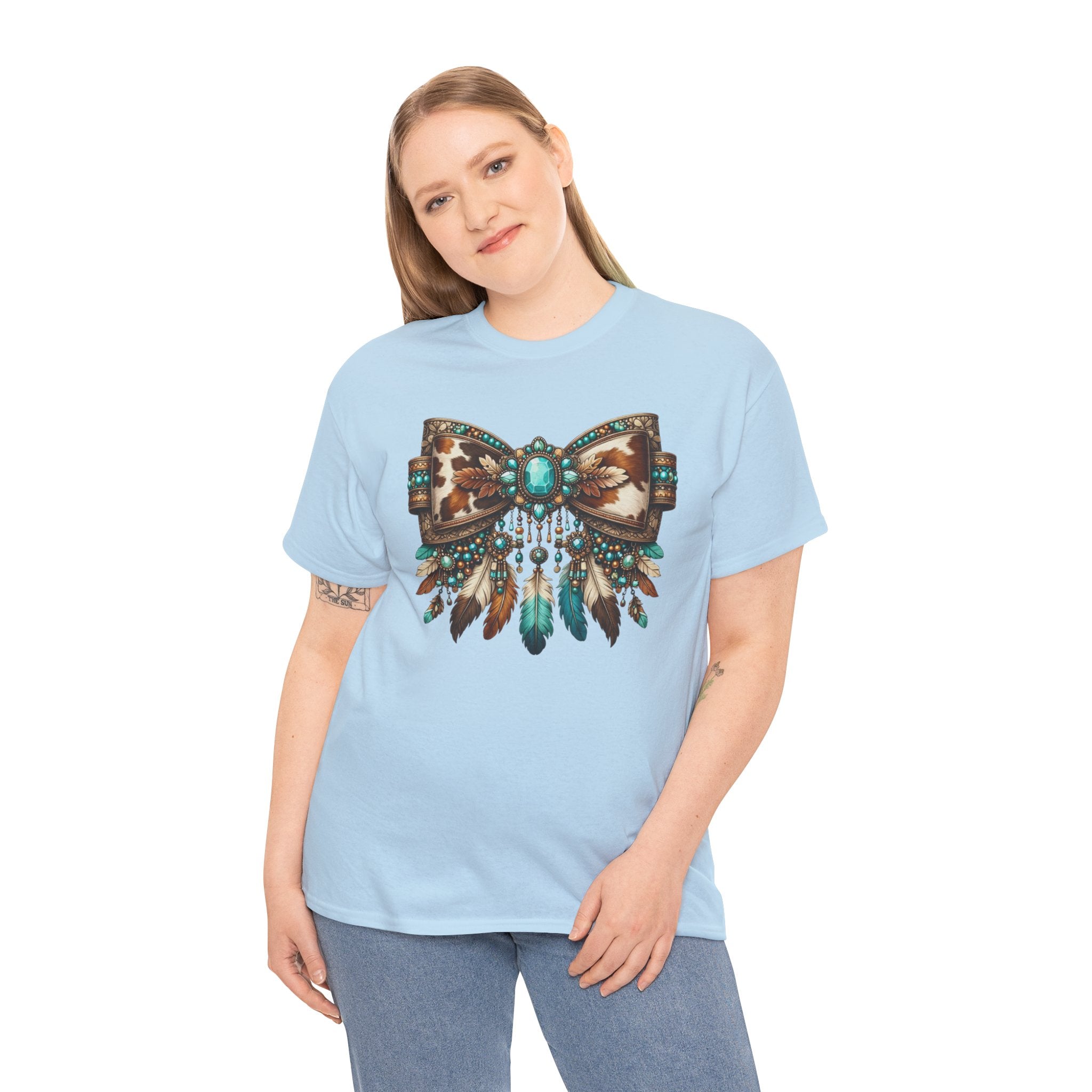 Western Cowhide Bow Shirt – Turquoise Feather Boho Western Graphic Tee – Boutique Western Style T-Shirt – Unisex Fit