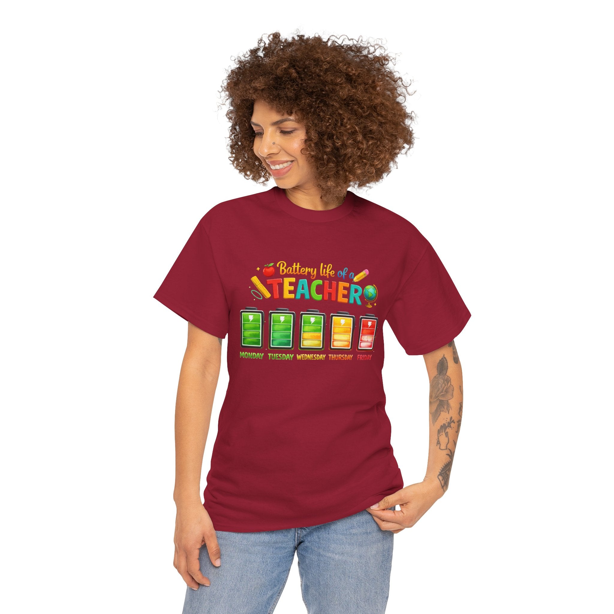 Teacher Battery Life T-Shirt – Funny Weekday Energy Levels Tee (Monday–Friday) Teacher appreciation gift - Unisex shirt