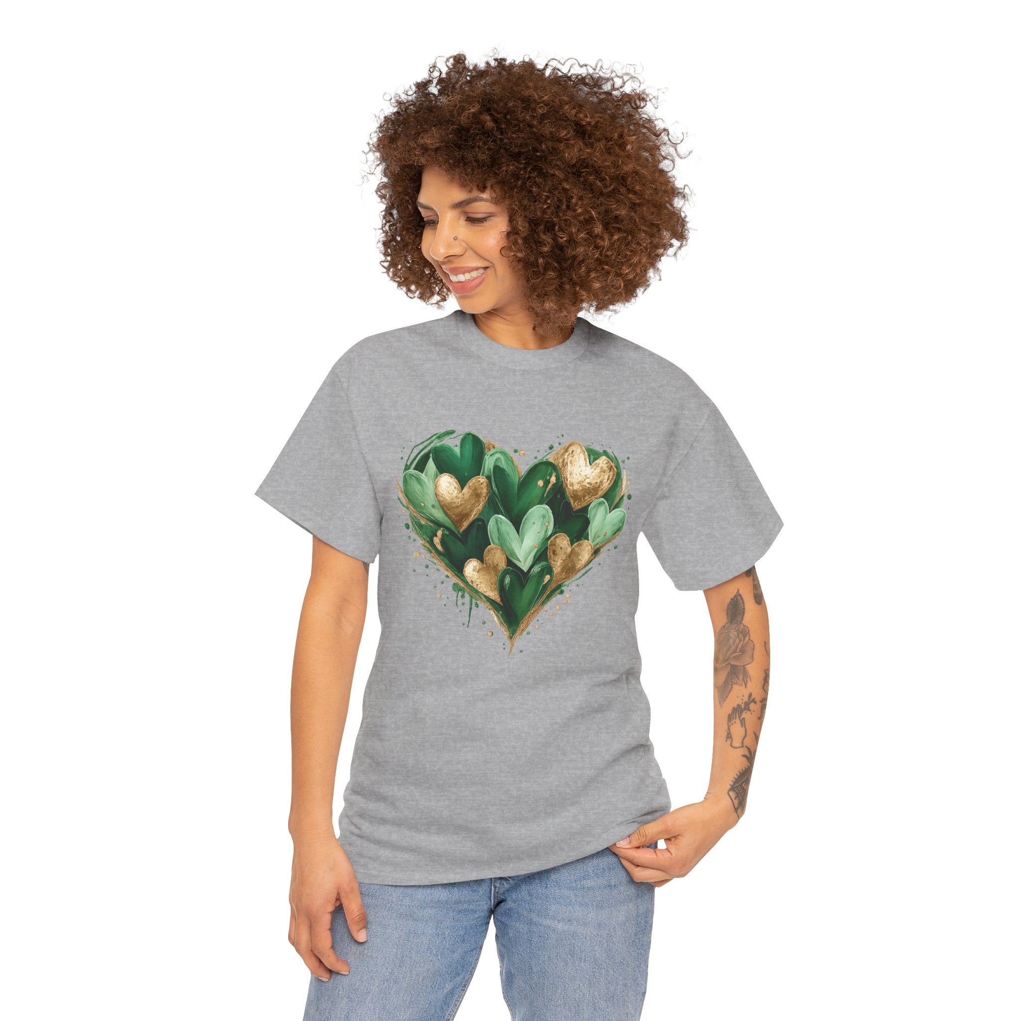Green & Gold Lucky Heart Graphic Tee – St. Patrick’s Day Aesthetic Shirt, Shamrock-Inspired Irish Love Design