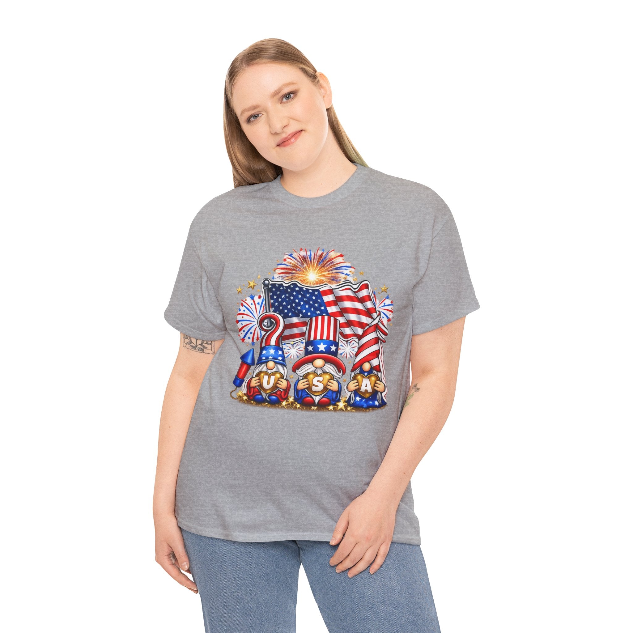 Patriotic USA Gnome Shirt PNG | Fourth of July Gnome Design | Red White Blue American Flag Fireworks Graphic | Independence Day Sublimation PNG | USA Heart Gnome POD Design