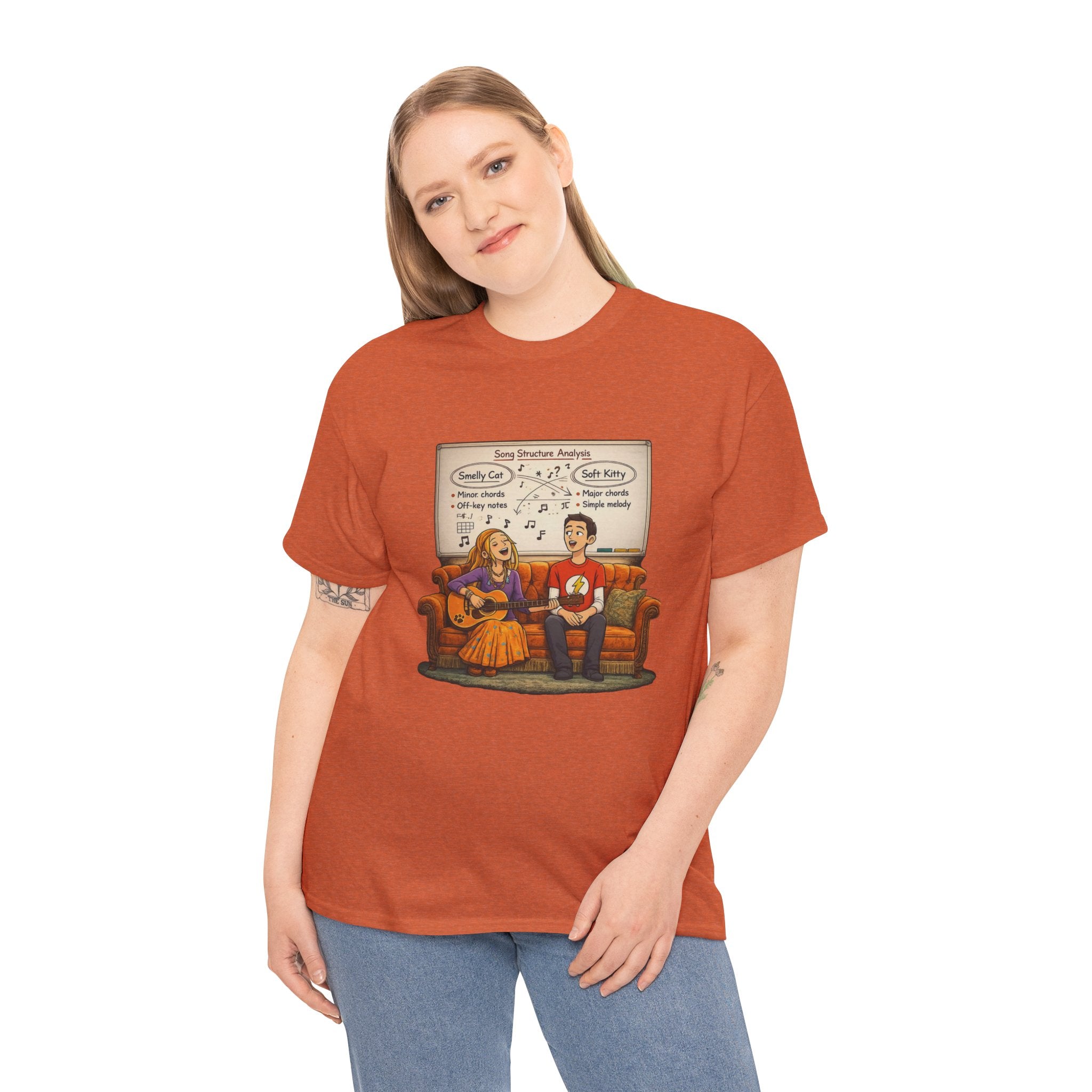 Friends Big Bang Theory Crossover Shirt | Smelly Cat Soft Kitty Mashup Tee | Geeky Sitcom Parody Shirt | Nerd Music Humor T-Shirt