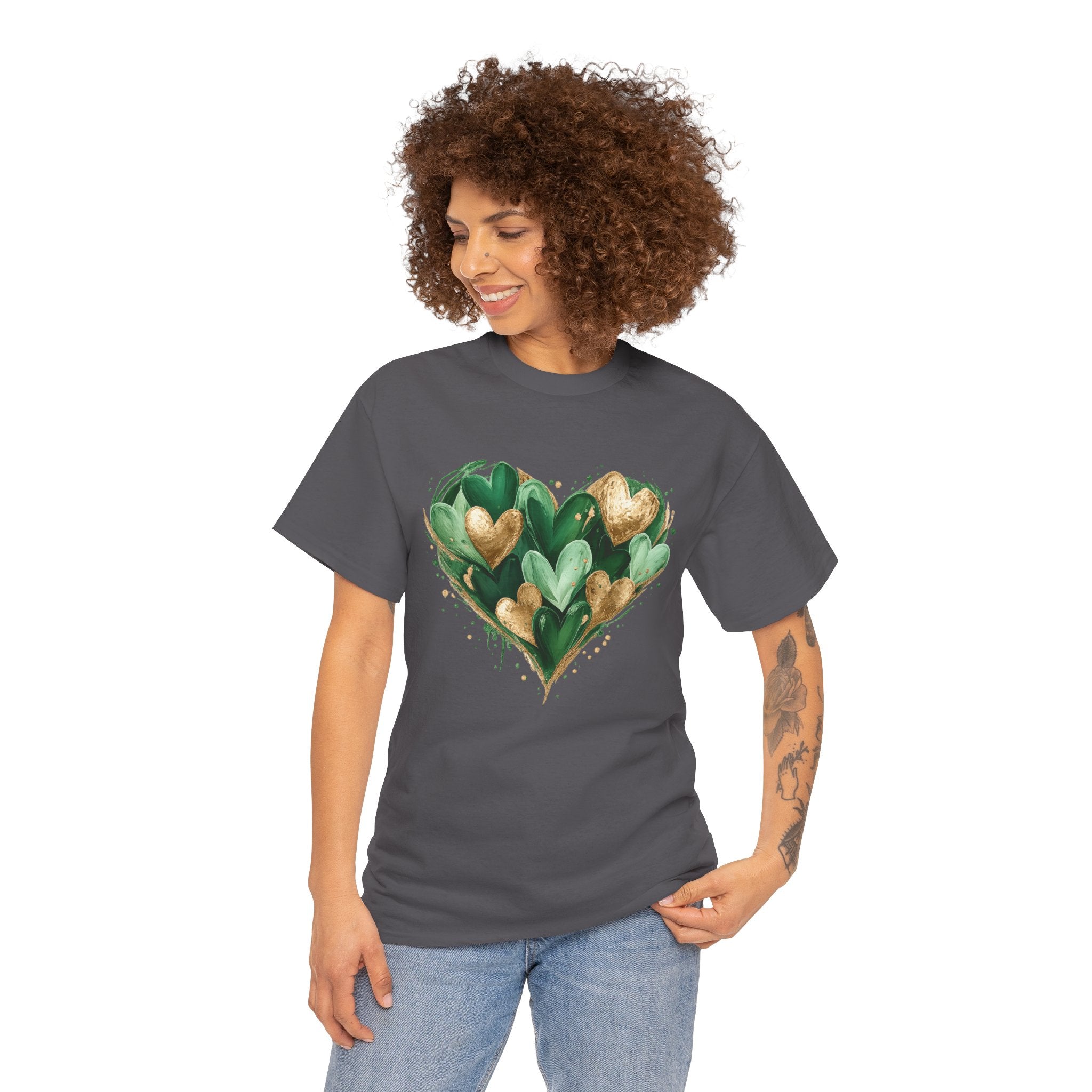 Green & Gold Lucky Heart Graphic Tee – St. Patrick’s Day Aesthetic Shirt, Shamrock-Inspired Irish Love Design