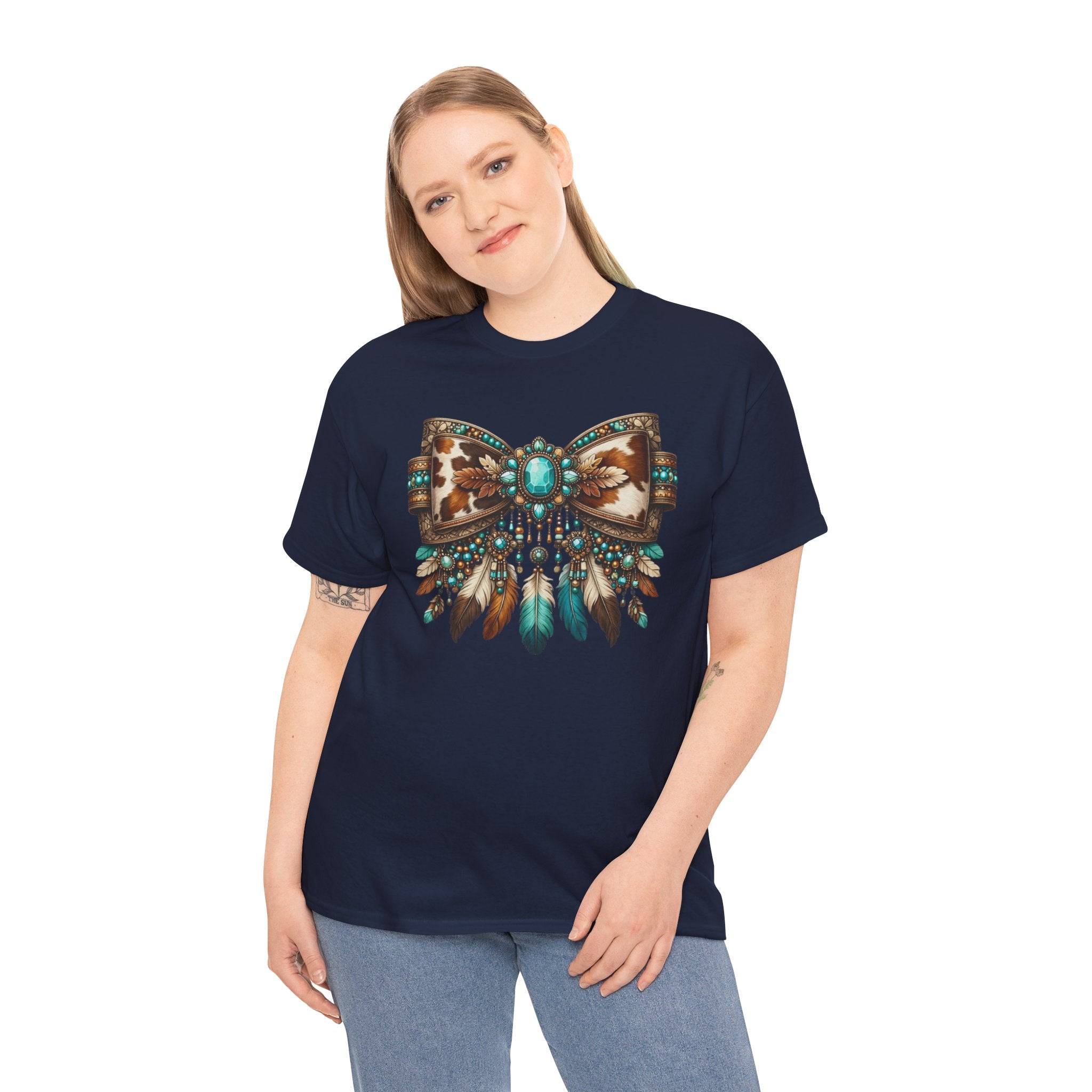 Western Cowhide Bow Shirt – Turquoise Feather Boho Western Graphic Tee – Boutique Western Style T-Shirt – Unisex Fit