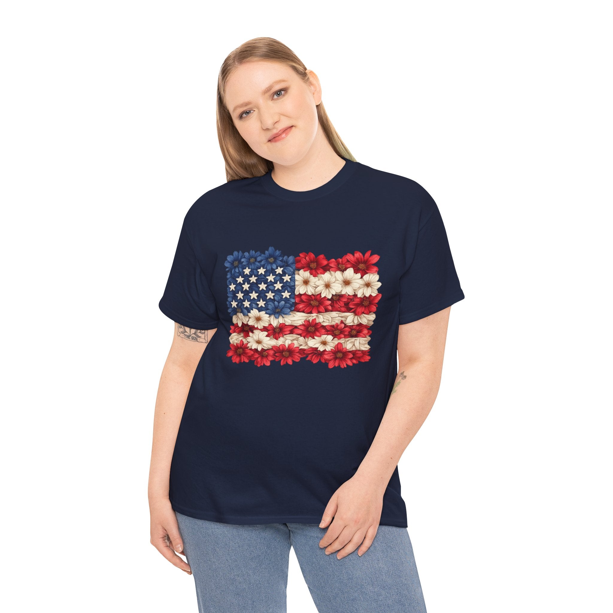 Floral American Flag Shirt PNG | Patriotic Flower Flag Design | 4th of July Sublimation PNG | USA Independence Day Graphic | Red White Blue Floral POD Design