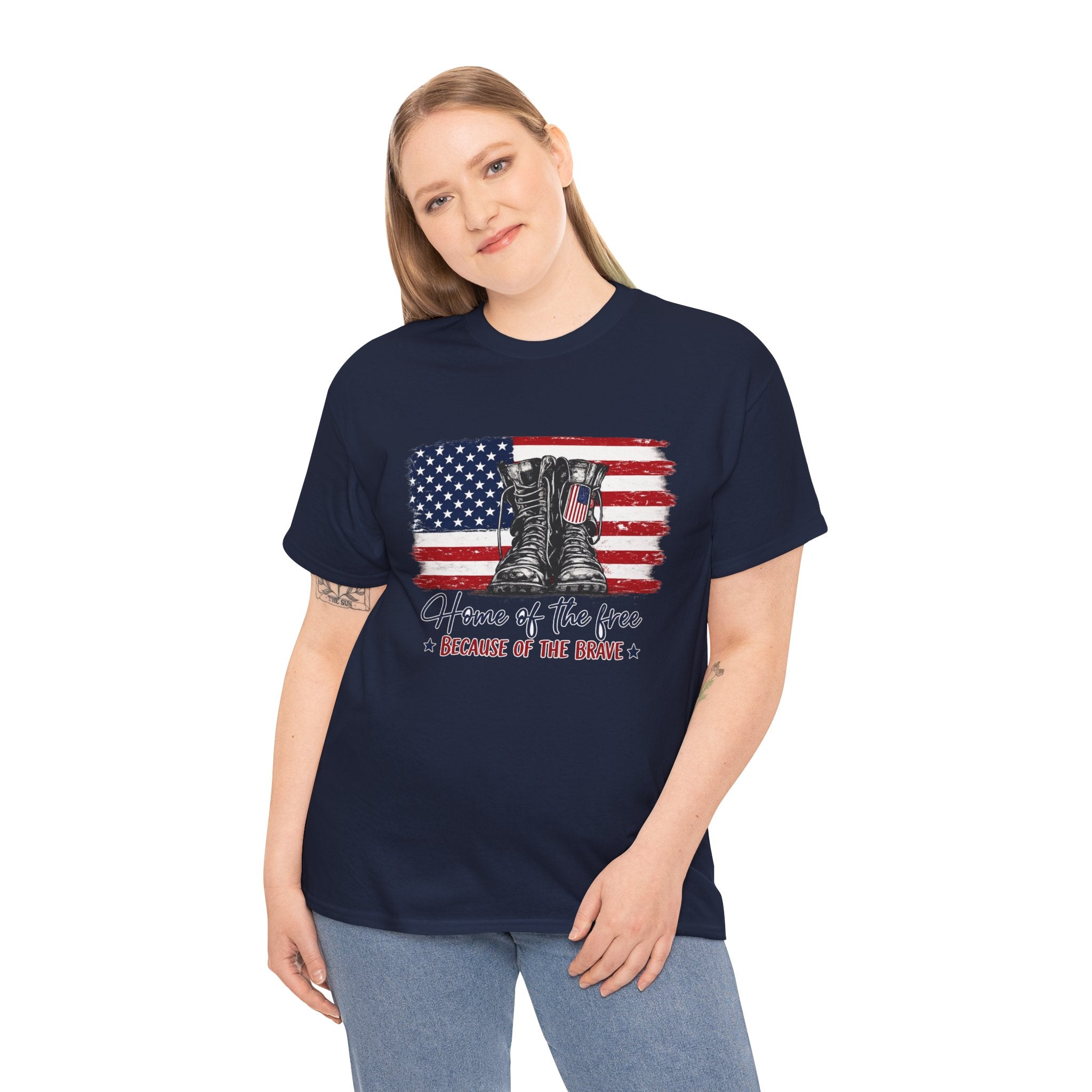 Home of the Free Because of the Brave PNG | Patriotic Combat Boots Shirt Design | Vintage American Flag Sublimation PNG | Military Tribute Tee