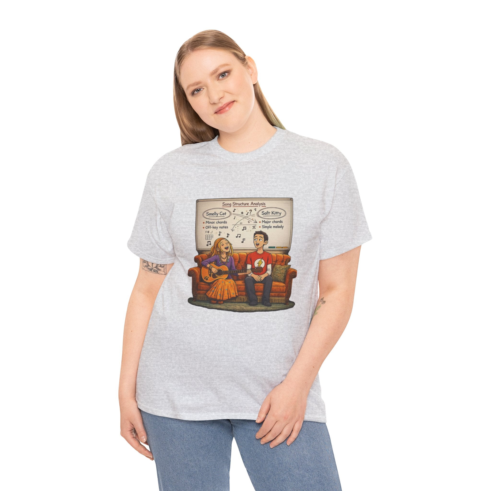 Friends Big Bang Theory Crossover Shirt | Smelly Cat Soft Kitty Mashup Tee | Geeky Sitcom Parody Shirt | Nerd Music Humor T-Shirt