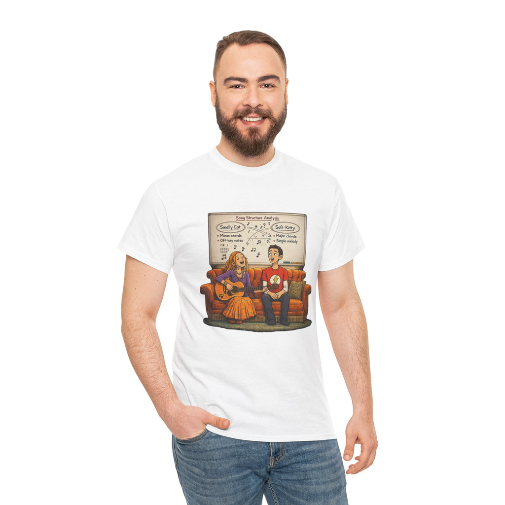 Friends Big Bang Theory Crossover Shirt | Smelly Cat Soft Kitty Mashup Tee | Geeky Sitcom Parody Shirt | Nerd Music Humor T-Shirt