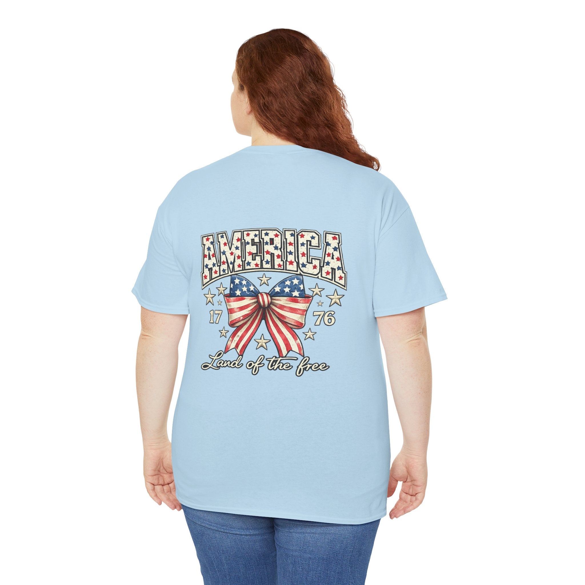 Patriotic America Bow Shirt | Land of the Free 1776 Front & Back Graphic Tee | Vintage USA Independence Day Shirt | Fourth of July Shirt