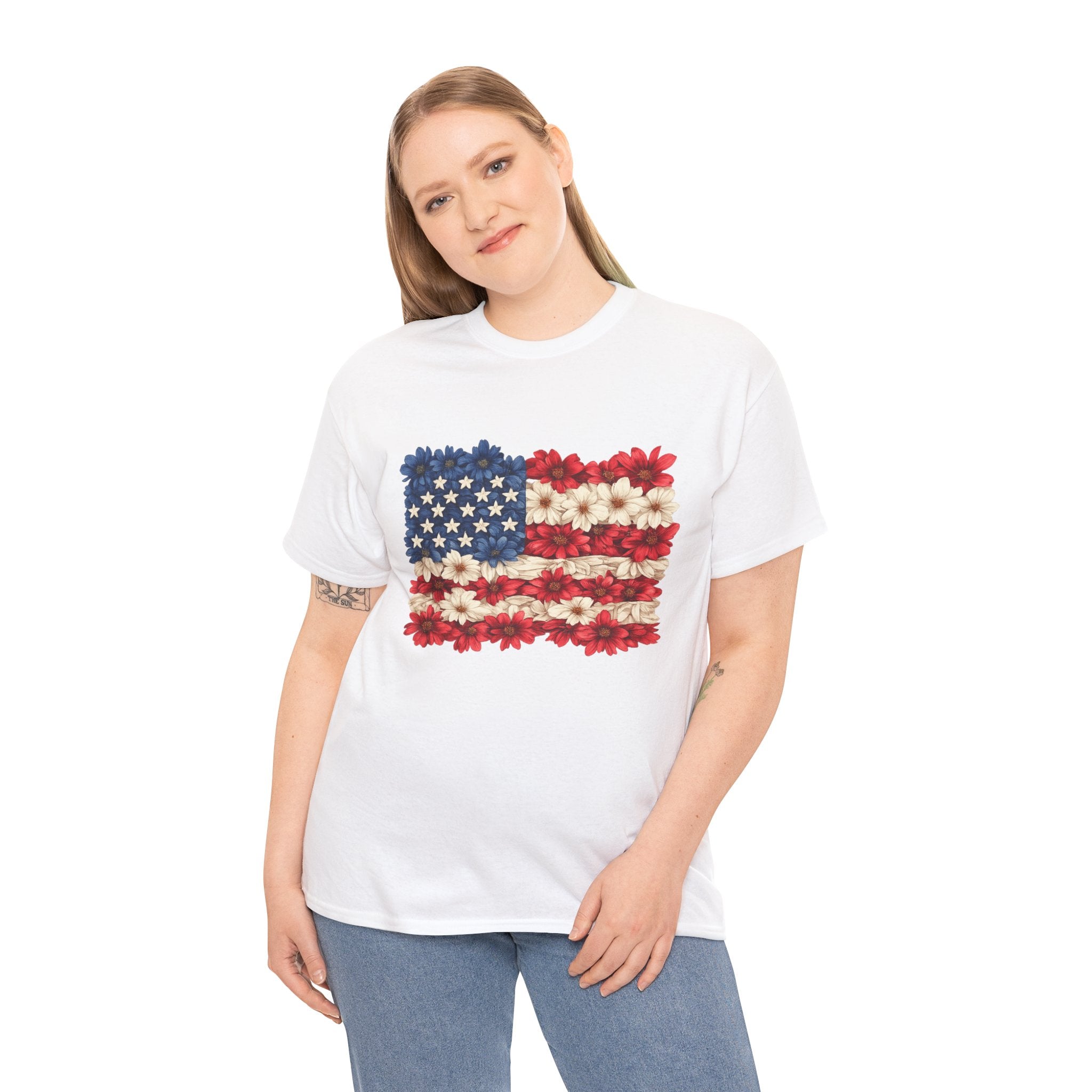 Floral American Flag Shirt PNG | Patriotic Flower Flag Design | 4th of July Sublimation PNG | USA Independence Day Graphic | Red White Blue Floral POD Design