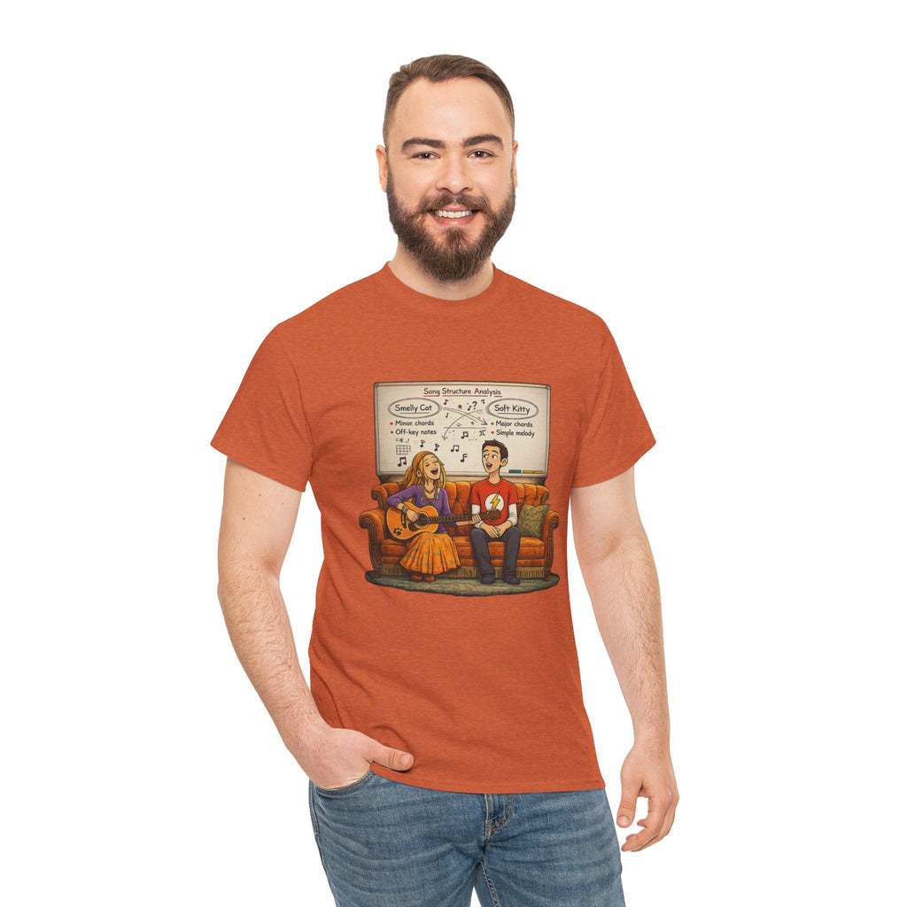 Friends Big Bang Theory Crossover Shirt | Smelly Cat Soft Kitty Mashup Tee | Geeky Sitcom Parody Shirt | Nerd Music Humor T-Shirt