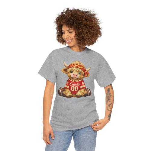 Cute Highland Cow Football Shirt – KC Game Day Cow Graphic Tee – Western Sports Fan T-Shirt
