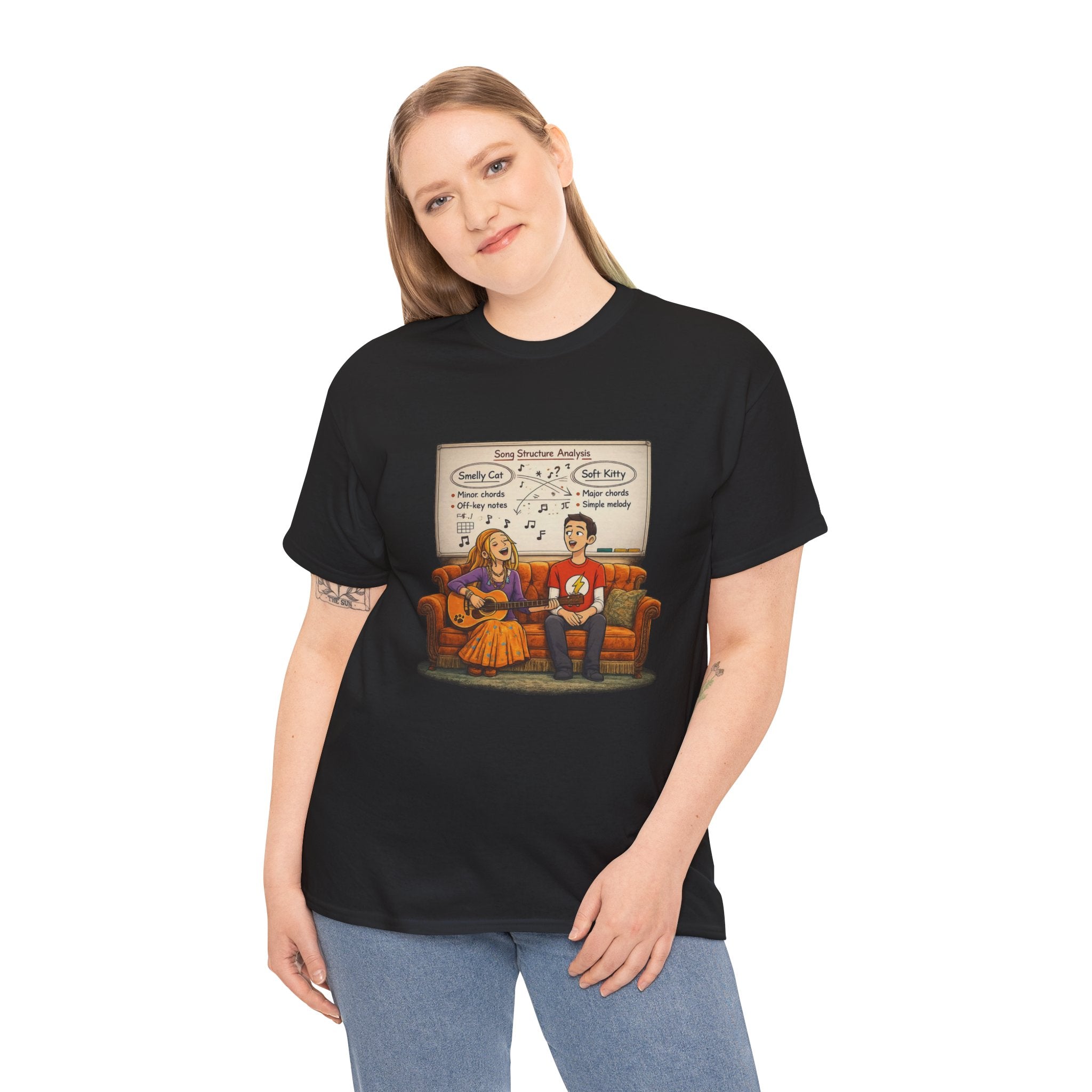 Friends Big Bang Theory Crossover Shirt | Smelly Cat Soft Kitty Mashup Tee | Geeky Sitcom Parody Shirt | Nerd Music Humor T-Shirt