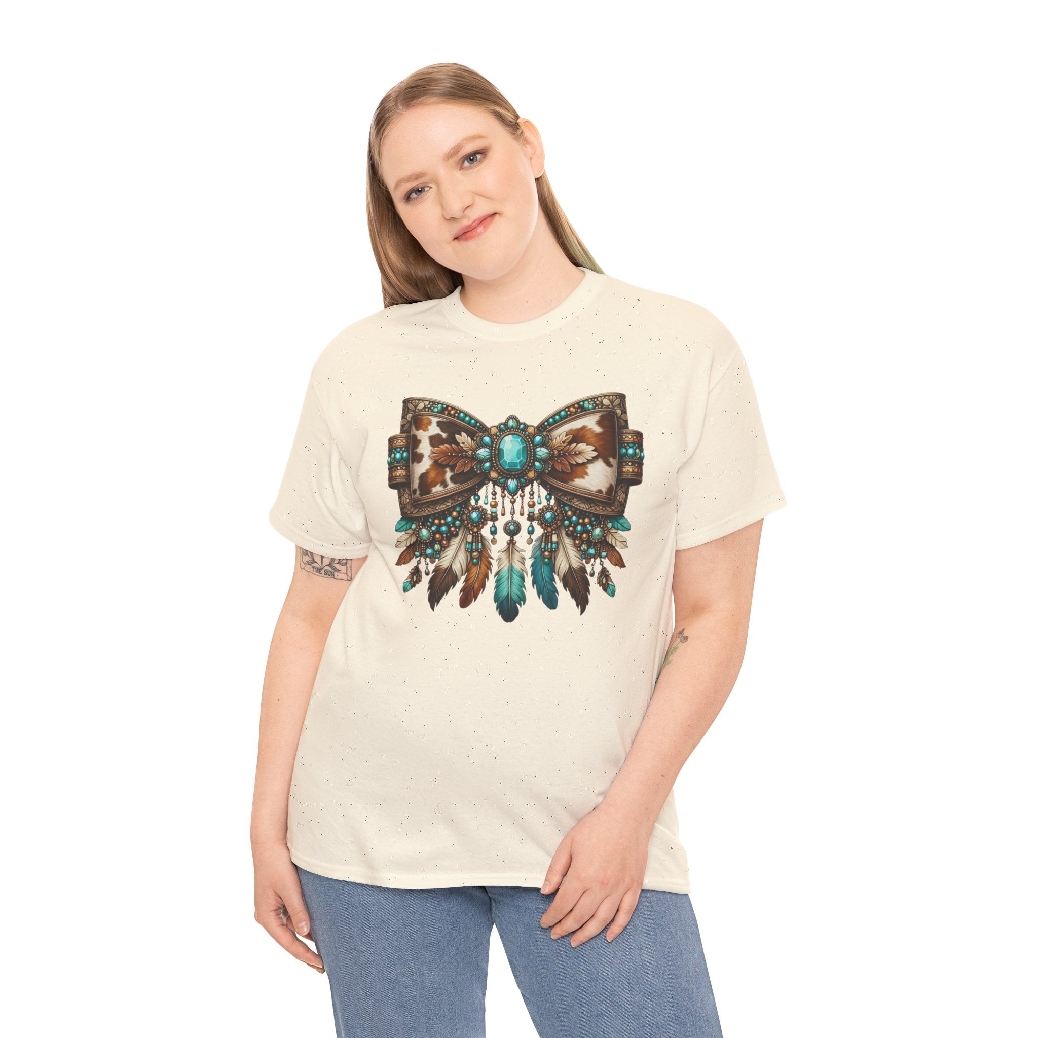 Western Cowhide Bow Shirt – Turquoise Feather Boho Western Graphic Tee – Boutique Western Style T-Shirt – Unisex Fit