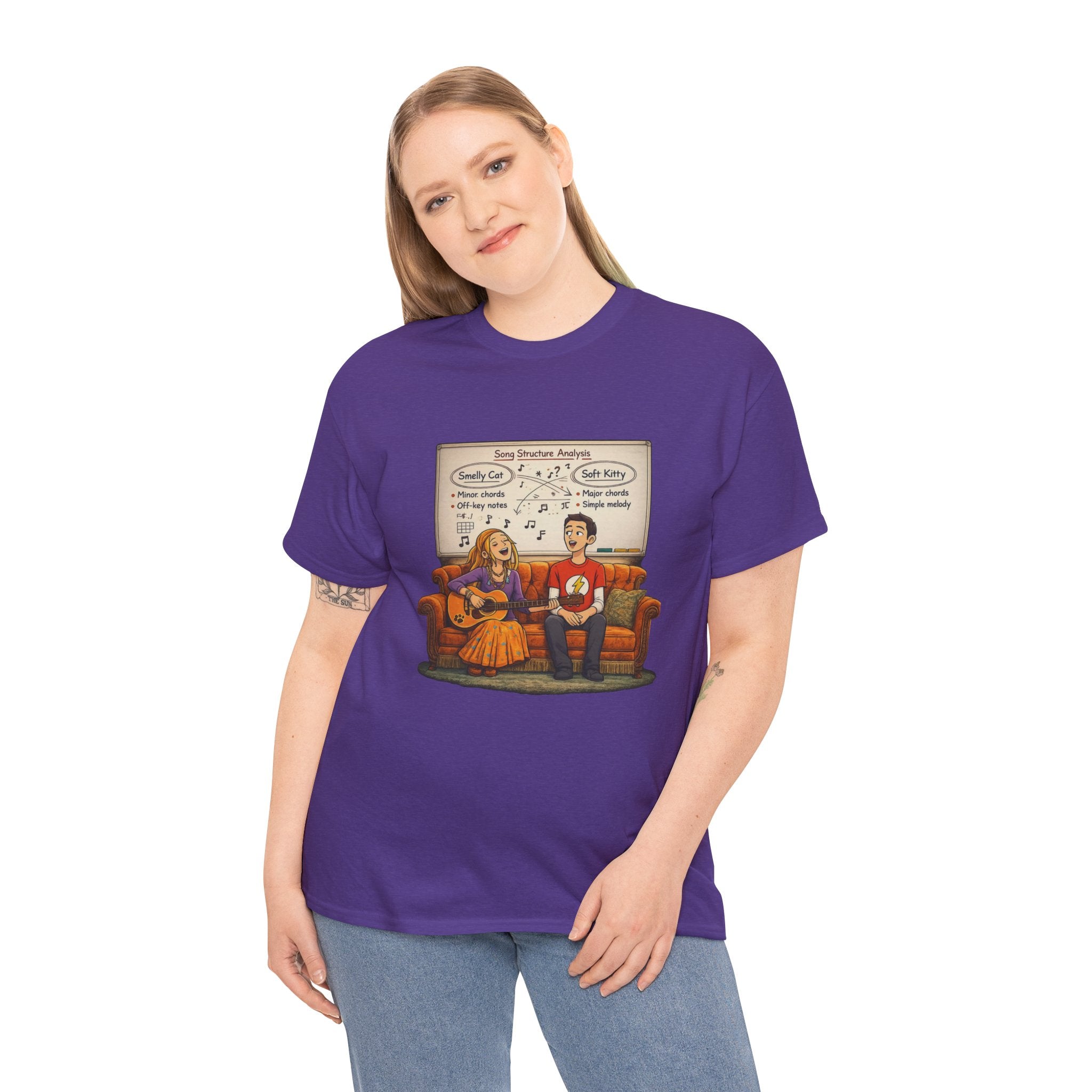 Friends Big Bang Theory Crossover Shirt | Smelly Cat Soft Kitty Mashup Tee | Geeky Sitcom Parody Shirt | Nerd Music Humor T-Shirt