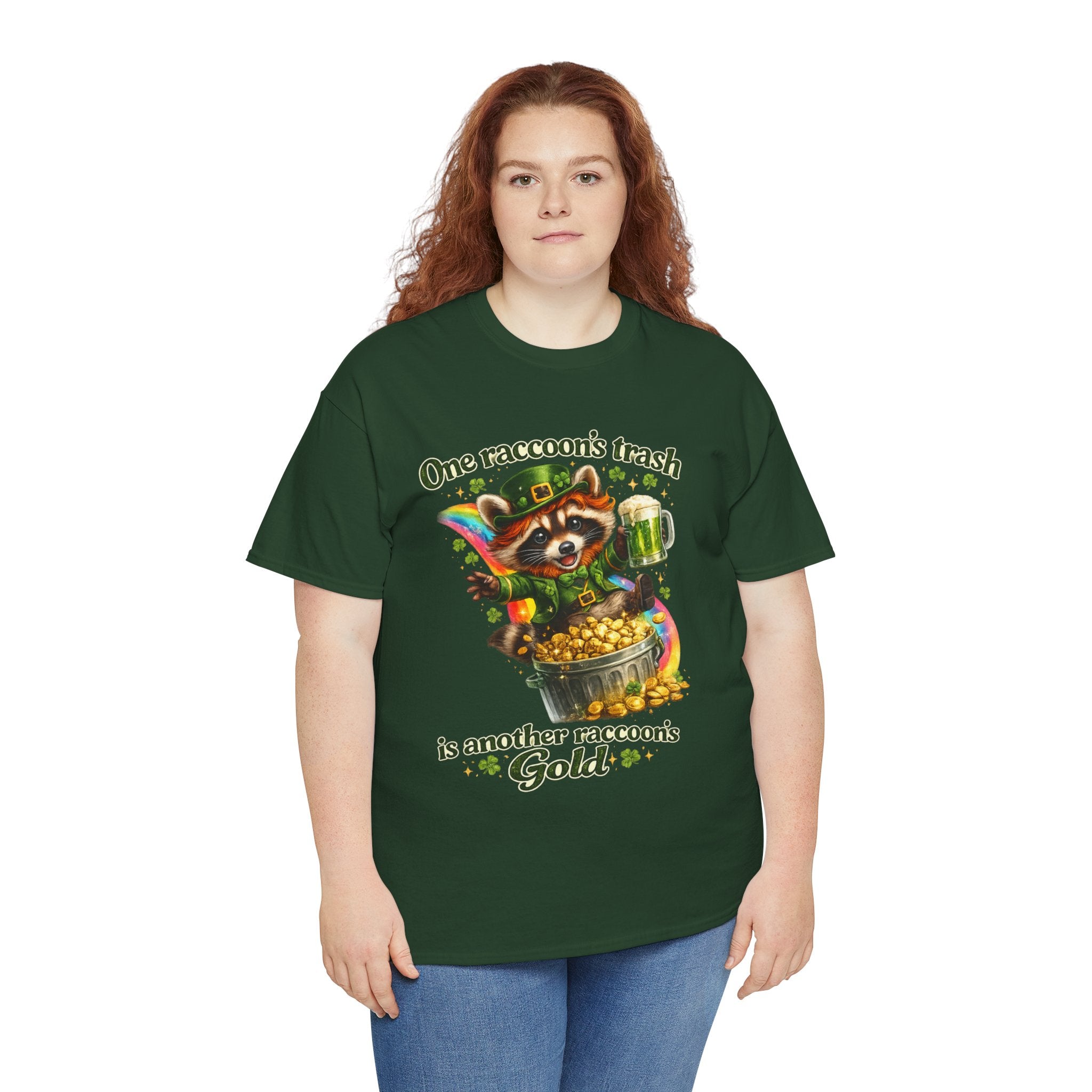 Raccoon Leprechaun Rainbow Treasure T-Shirt — "One Raccoon's Trash Is Another Raccoon's Gold" Cute St. Patrick's Design
